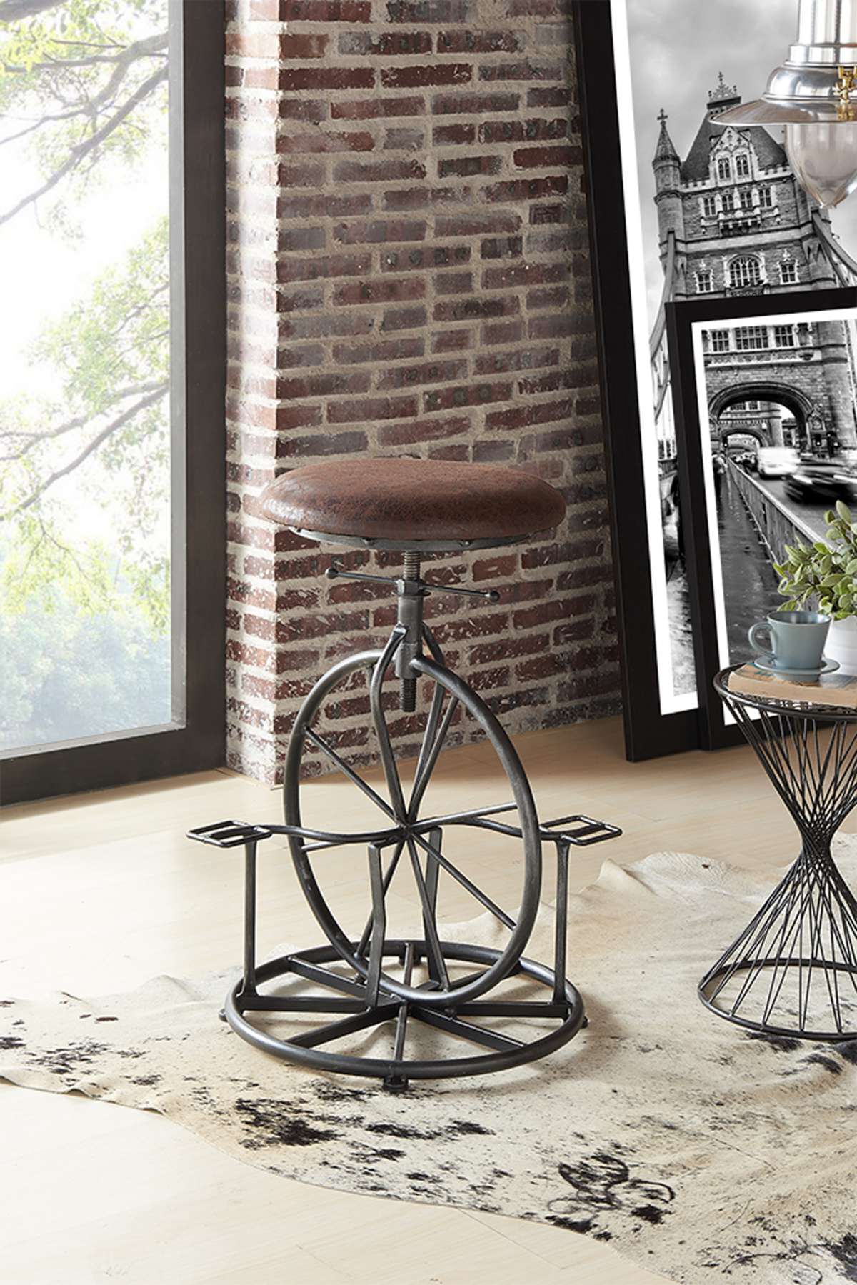 Harlem Adjustable Height Swivel Pine Wood and Metal Bicycle Bar Stool  By Armen Living - Image 5