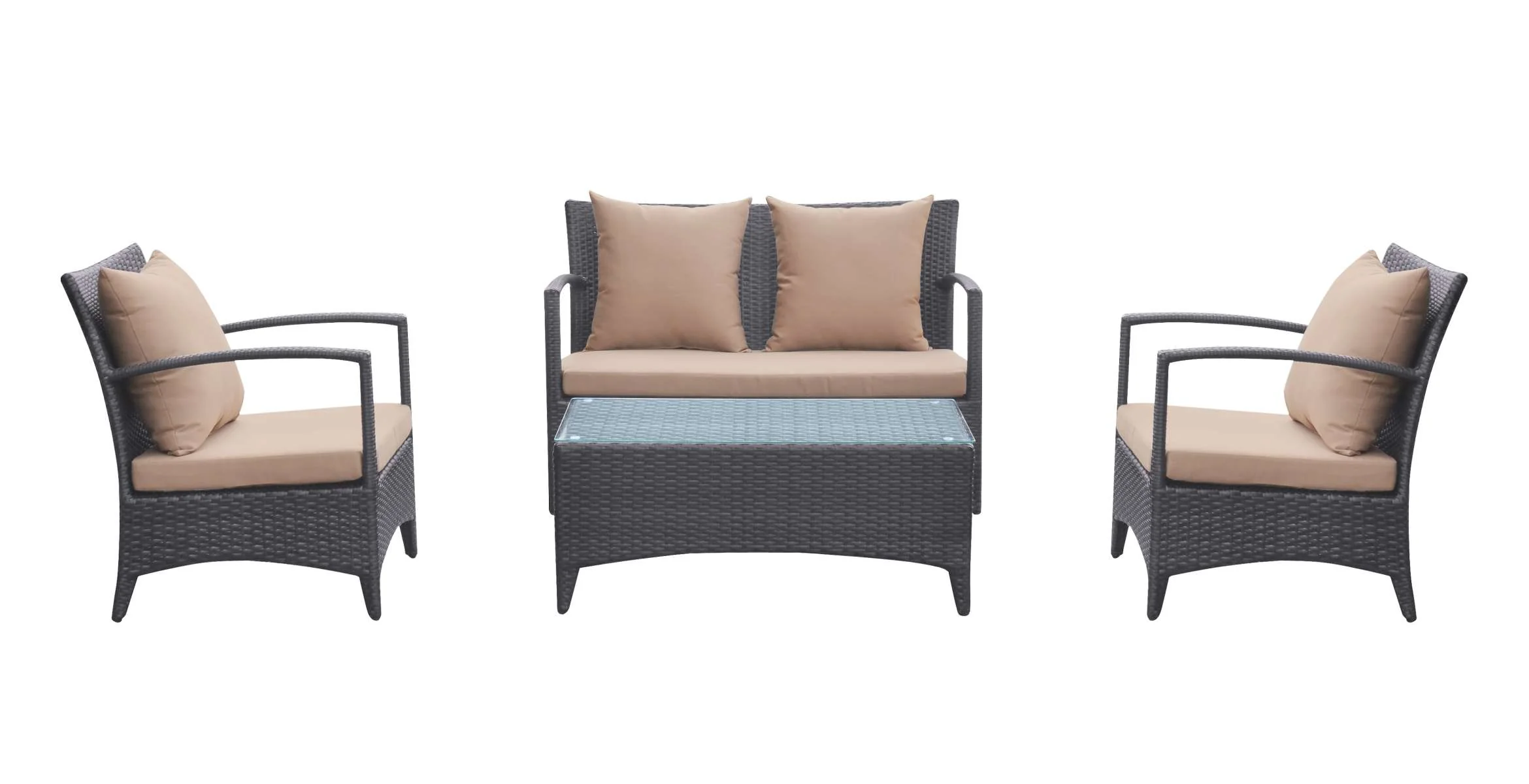 Havana 4 piece Outdoor Wicker Patio Set with Brown Fabric Cushions and Tempered Glass Top By Armen Living - Image 9