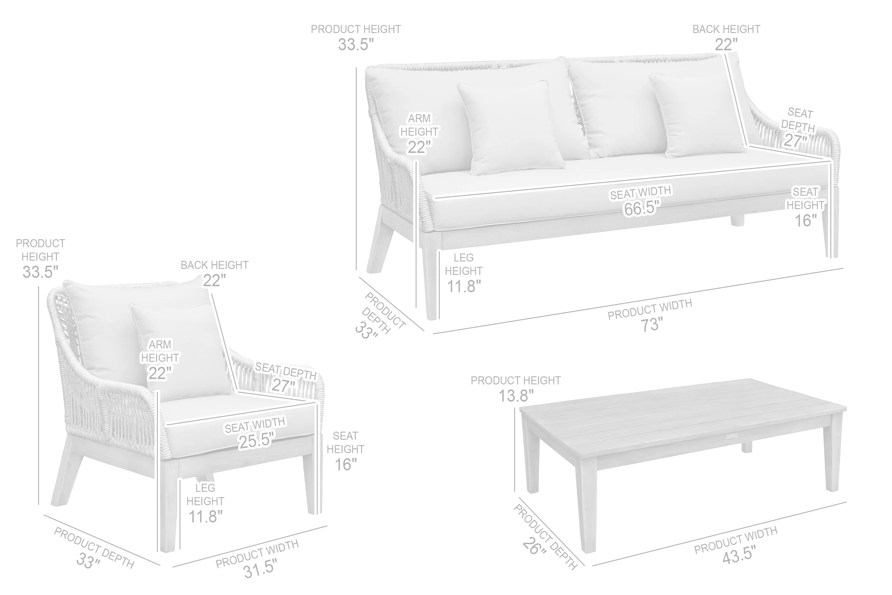 Hawaii 4 Piece Outdoor Patio Furniture Set in Acacia Wood and Rope with Grey Cushions By Armen Living - Image 9
