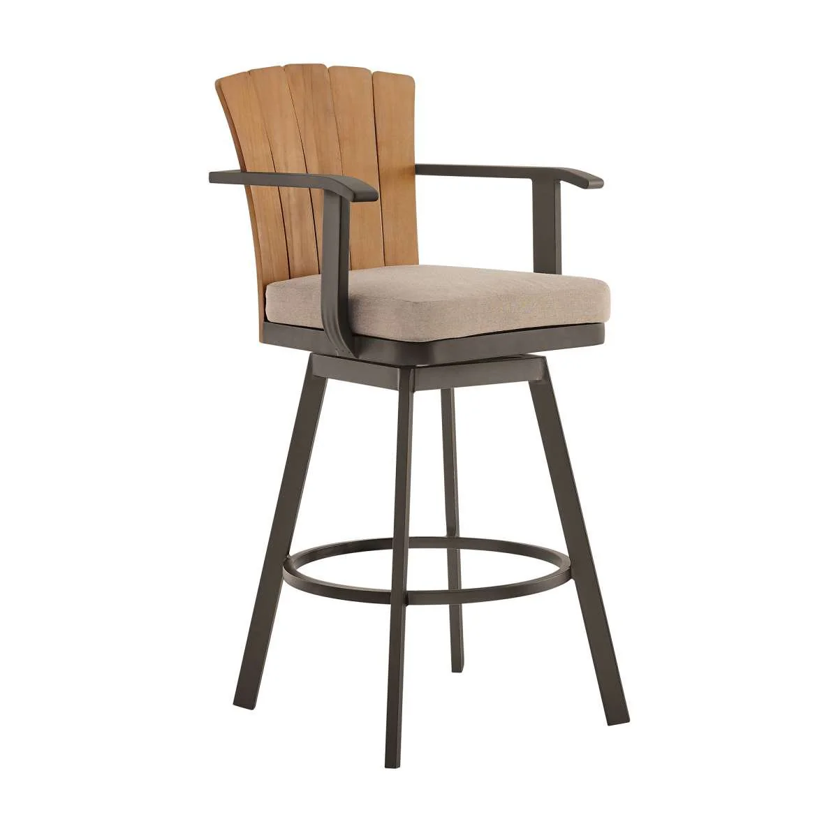 Hazel Outdoor Patio Swivel Bar Stool in Aluminum with Teak Wood and Brown Cushion By Armen Living - Image 2