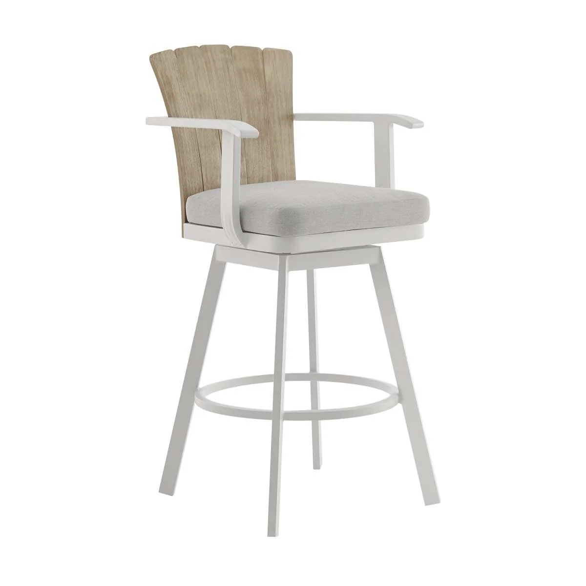 Hazel Outdoor Patio Swivel Counter Stool in Aluminum with Teak Wood and Argent Gray Cushions By Armen Living - Image 2