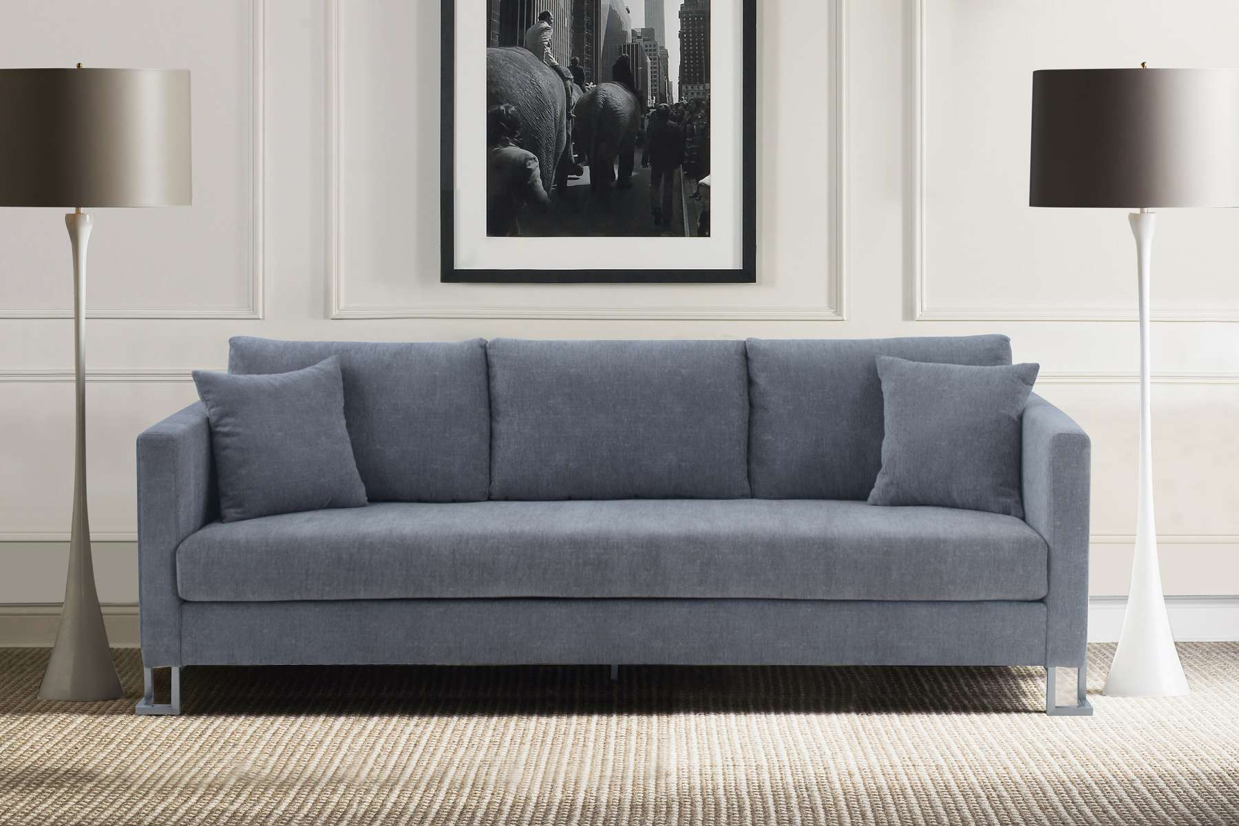 Heritage Blue Fabric Upholstered Sofa with Brushed Stainless Steel Legs By Armen Living - Image 4