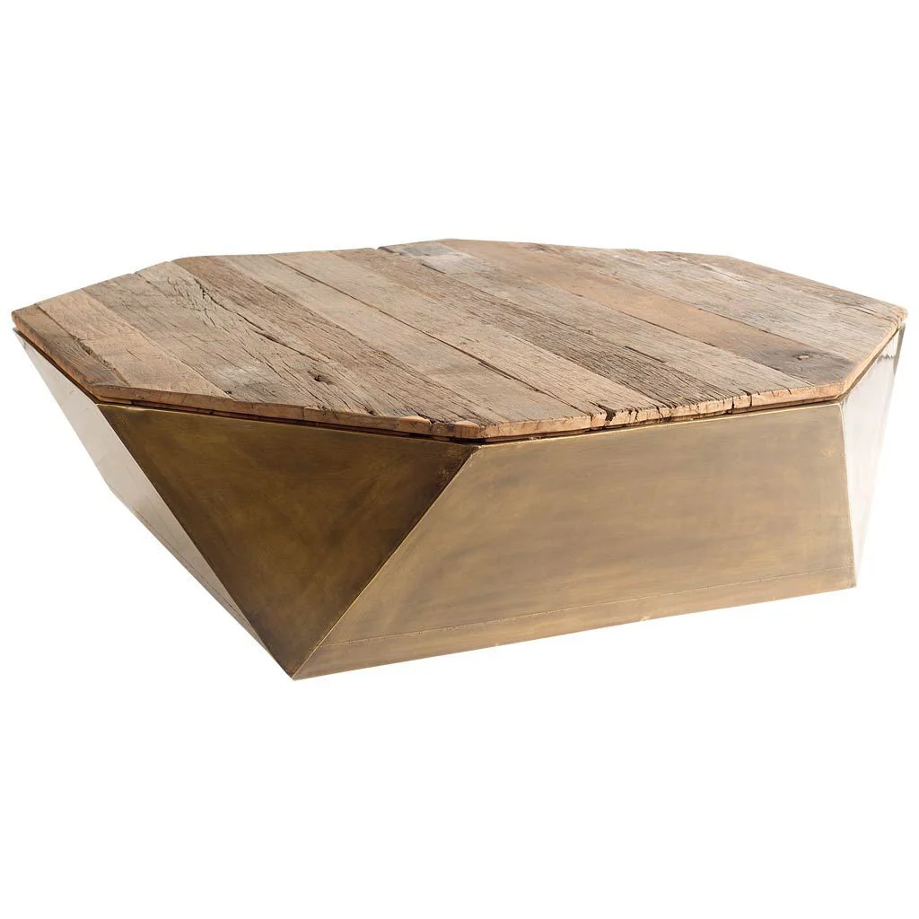 Hexagon Hinged Solid Wood Brass Metal Coffee Table w Storage By Homeroots - Image 3