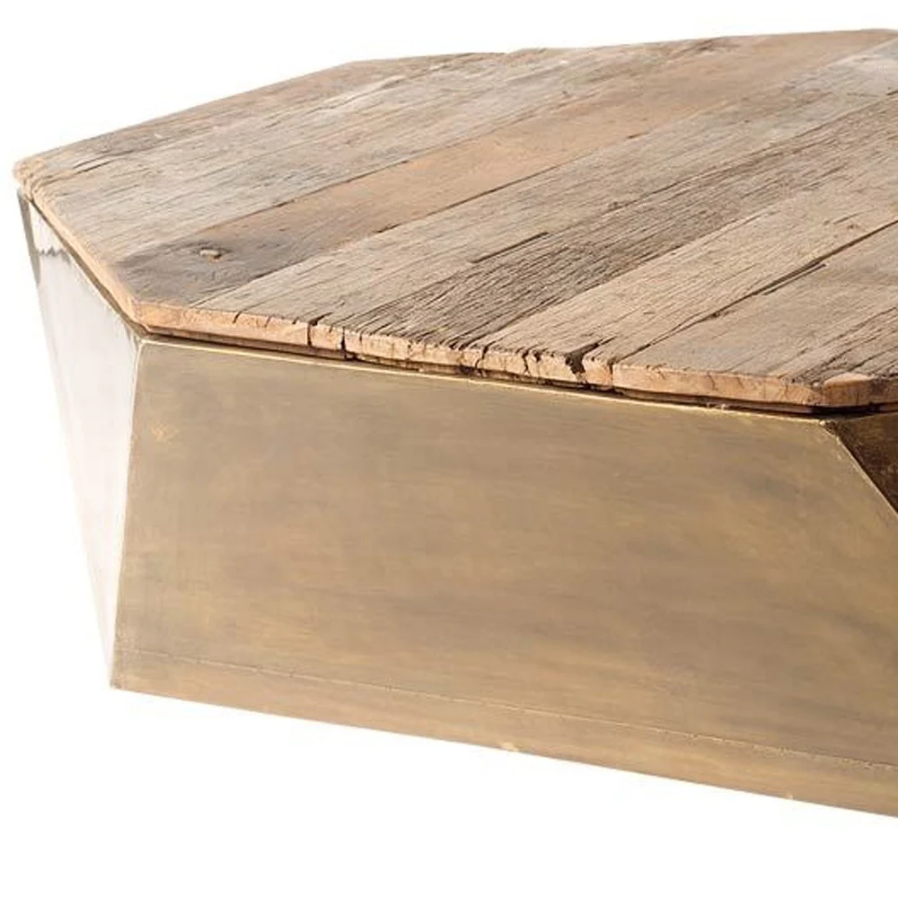 Hexagon Hinged Solid Wood Brass Metal Coffee Table w Storage By Homeroots - Image 4