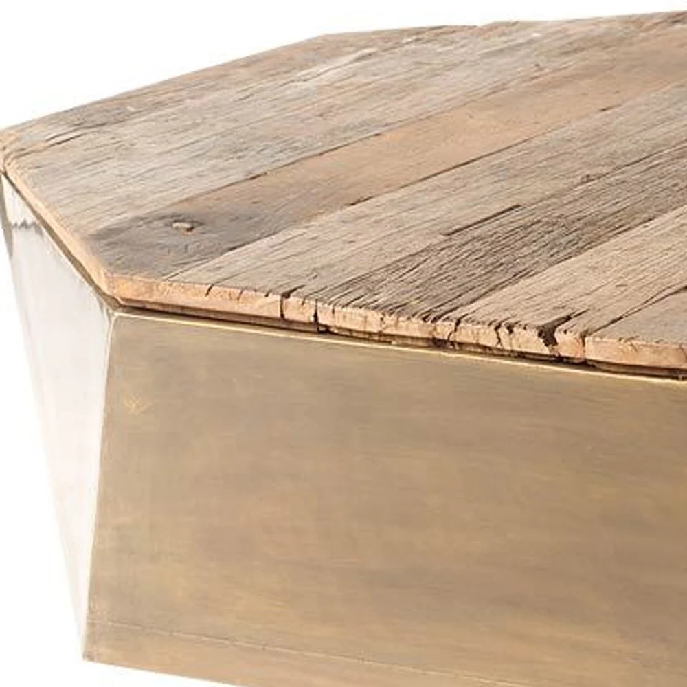 Hexagon Hinged Solid Wood Brass Metal Coffee Table w Storage By Homeroots - Image 5