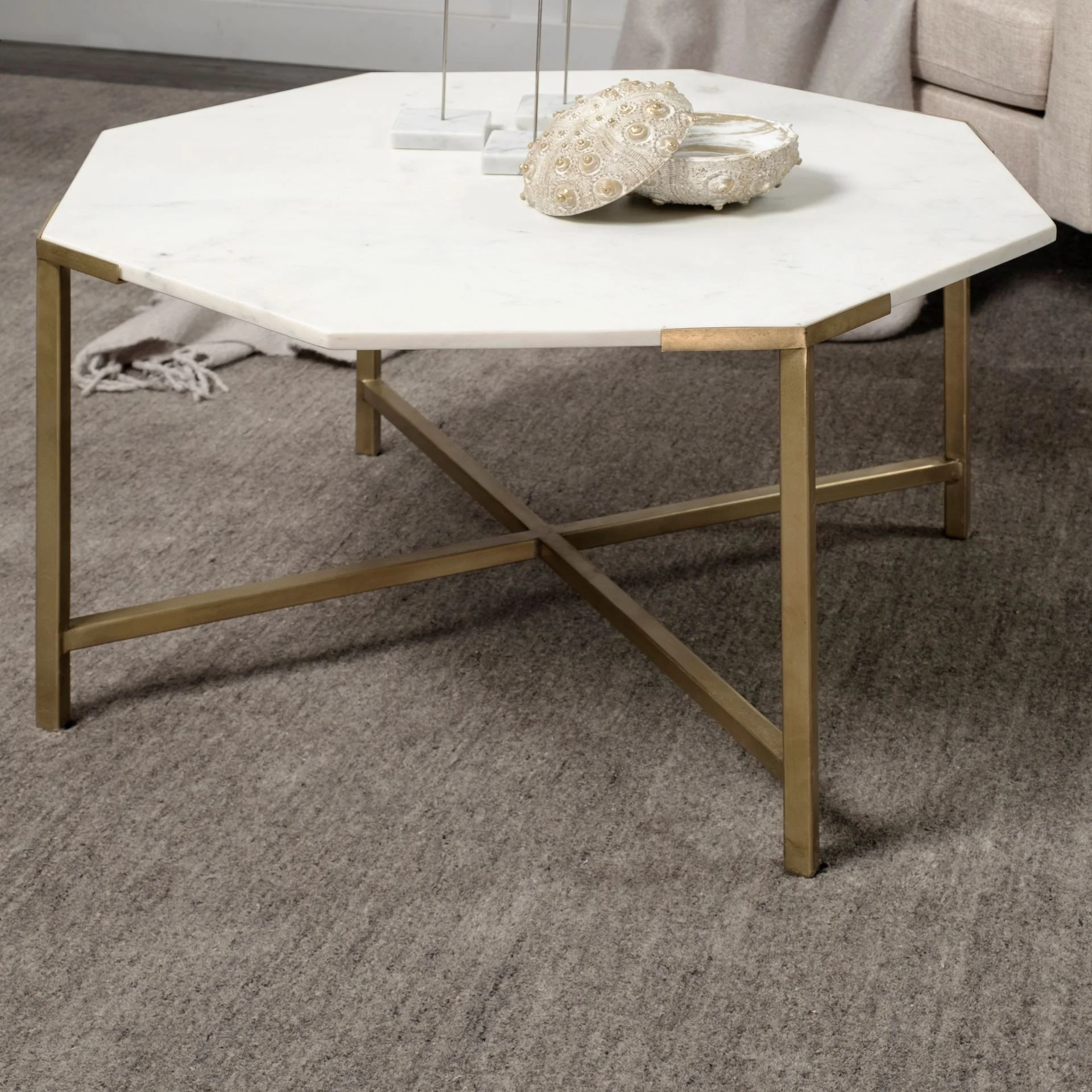 Hexagon White Marble Top and Gold Metal Base Coffee Table By Homeroots - Image 3