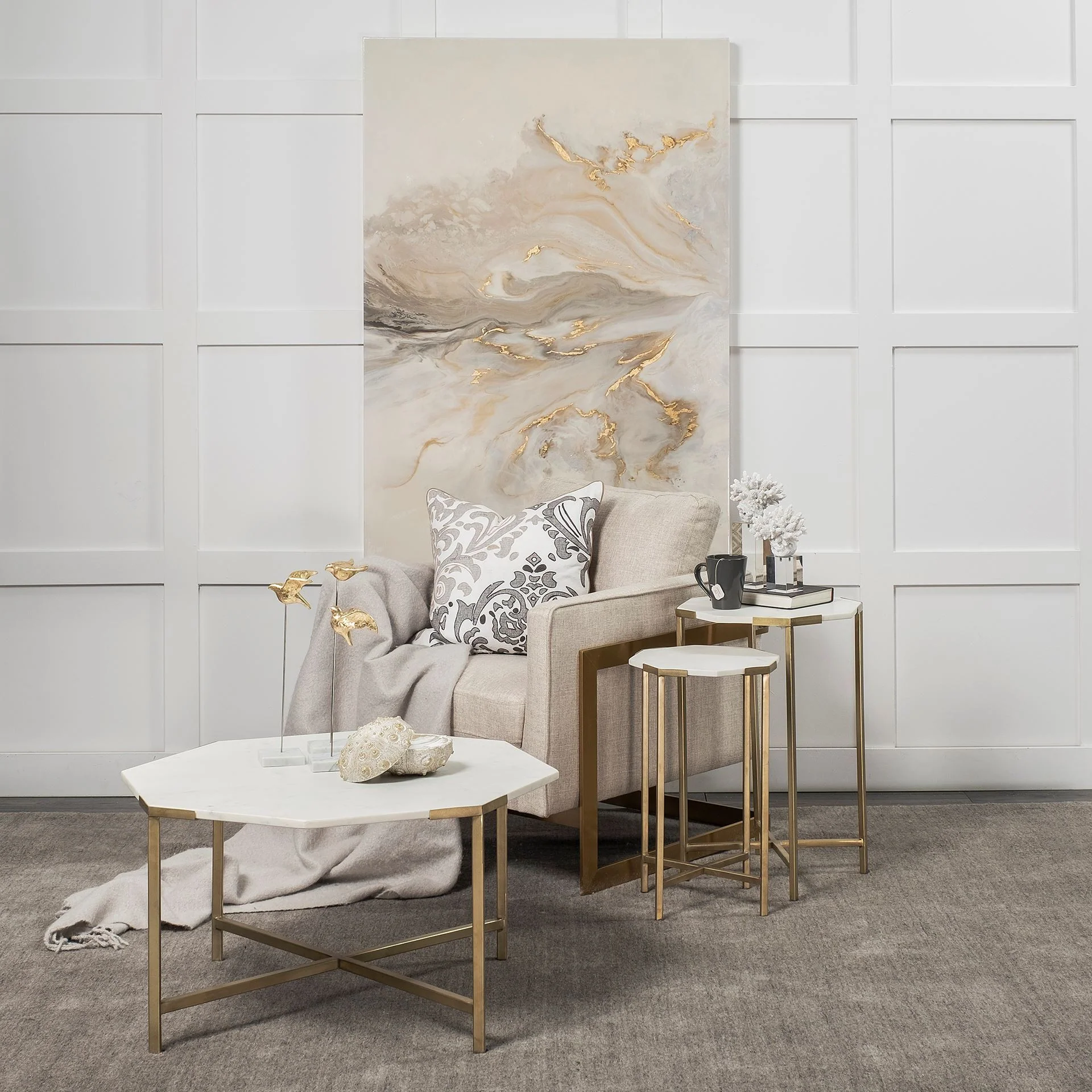 Hexagon White Marble Top and Gold Metal Base Coffee Table By Homeroots - Image 4