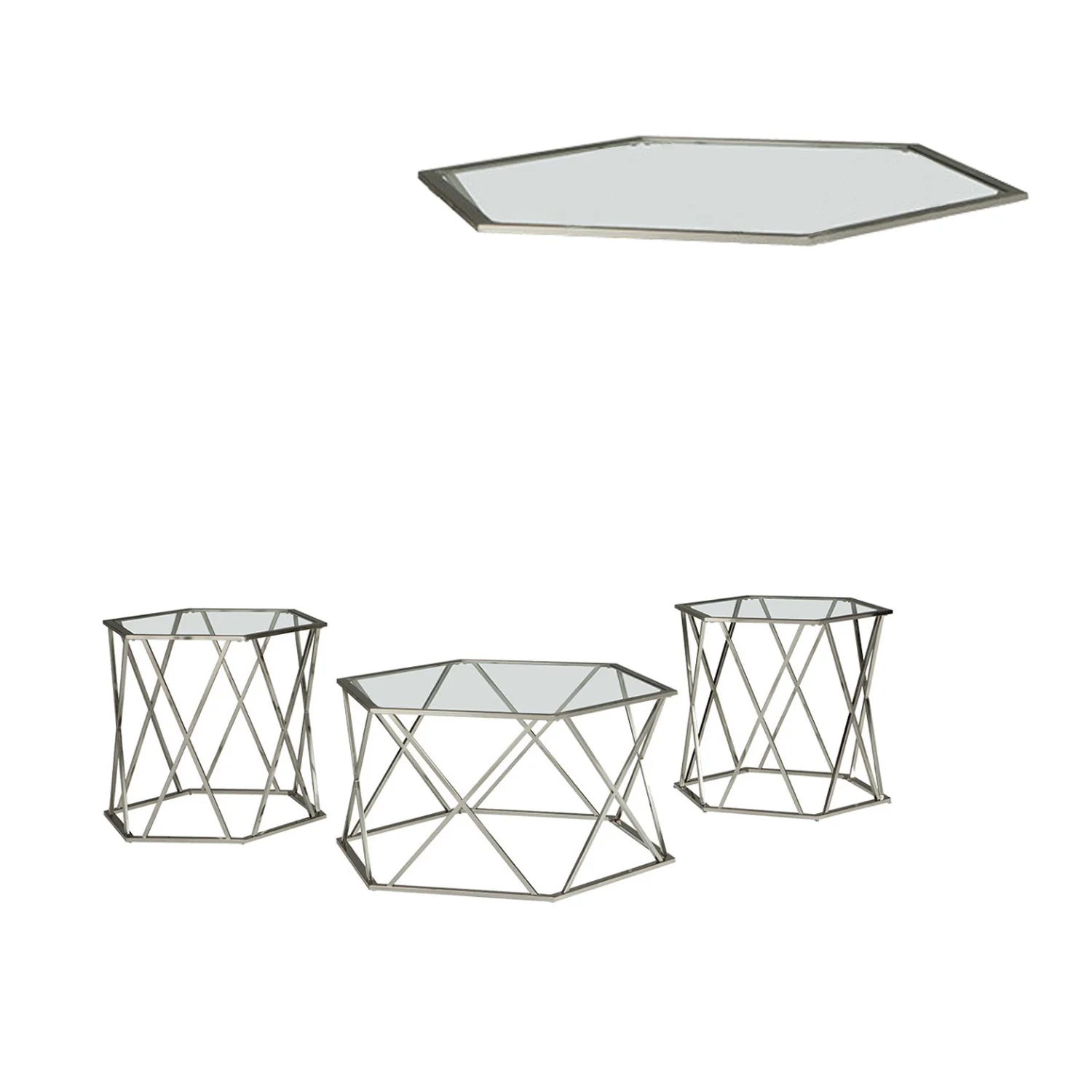 Hexagonal Design Metal Framed Table Set With Inserted Glass Top, Set Of Three, Silver And Clear By Benzara - Image 2