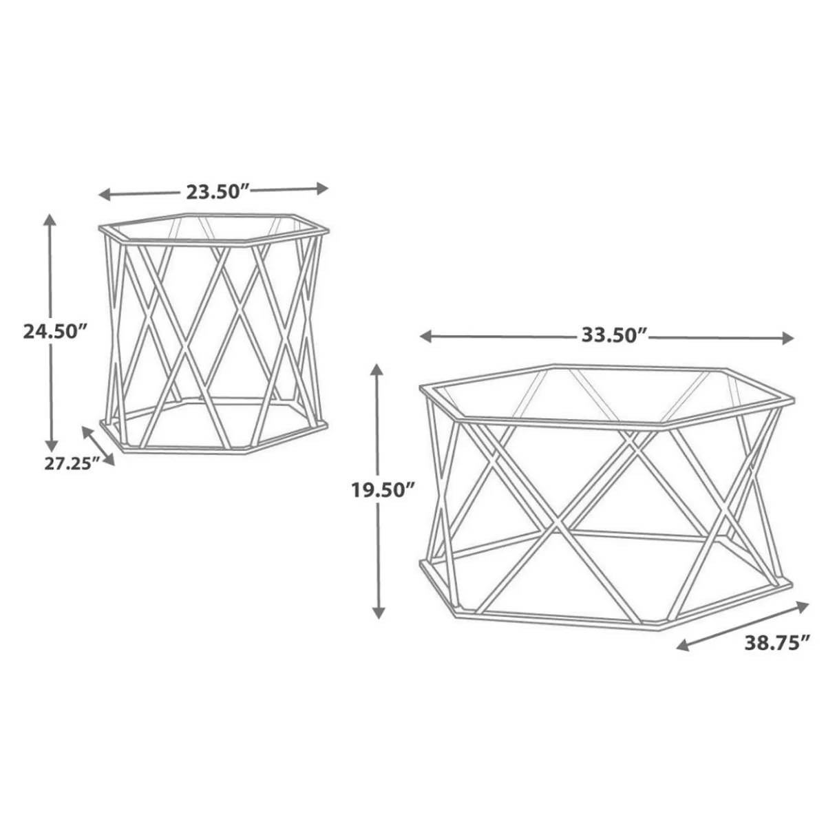 Hexagonal Design Metal Framed Table Set With Inserted Glass Top, Set Of Three, Silver And Clear By Benzara - Image 3