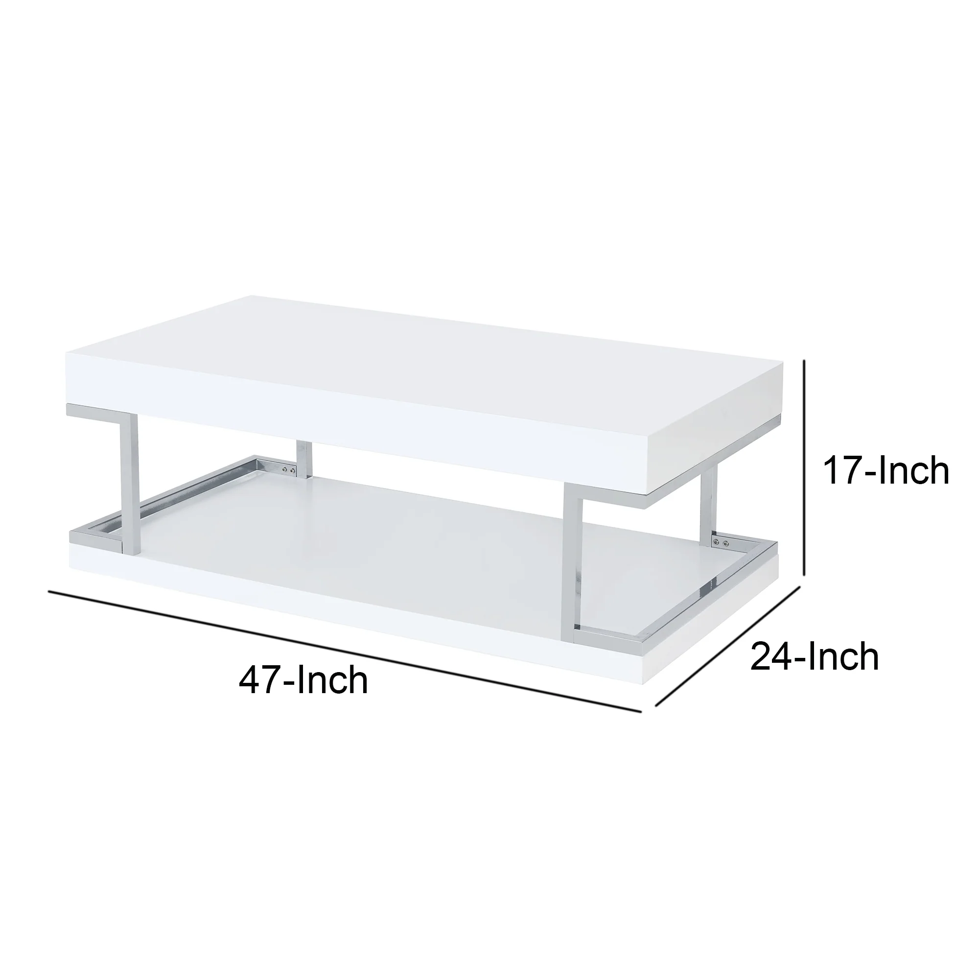 High Gloss Contemporary Coffee Table With Bottom Shelf, White And Silver By Benzara - Image 2