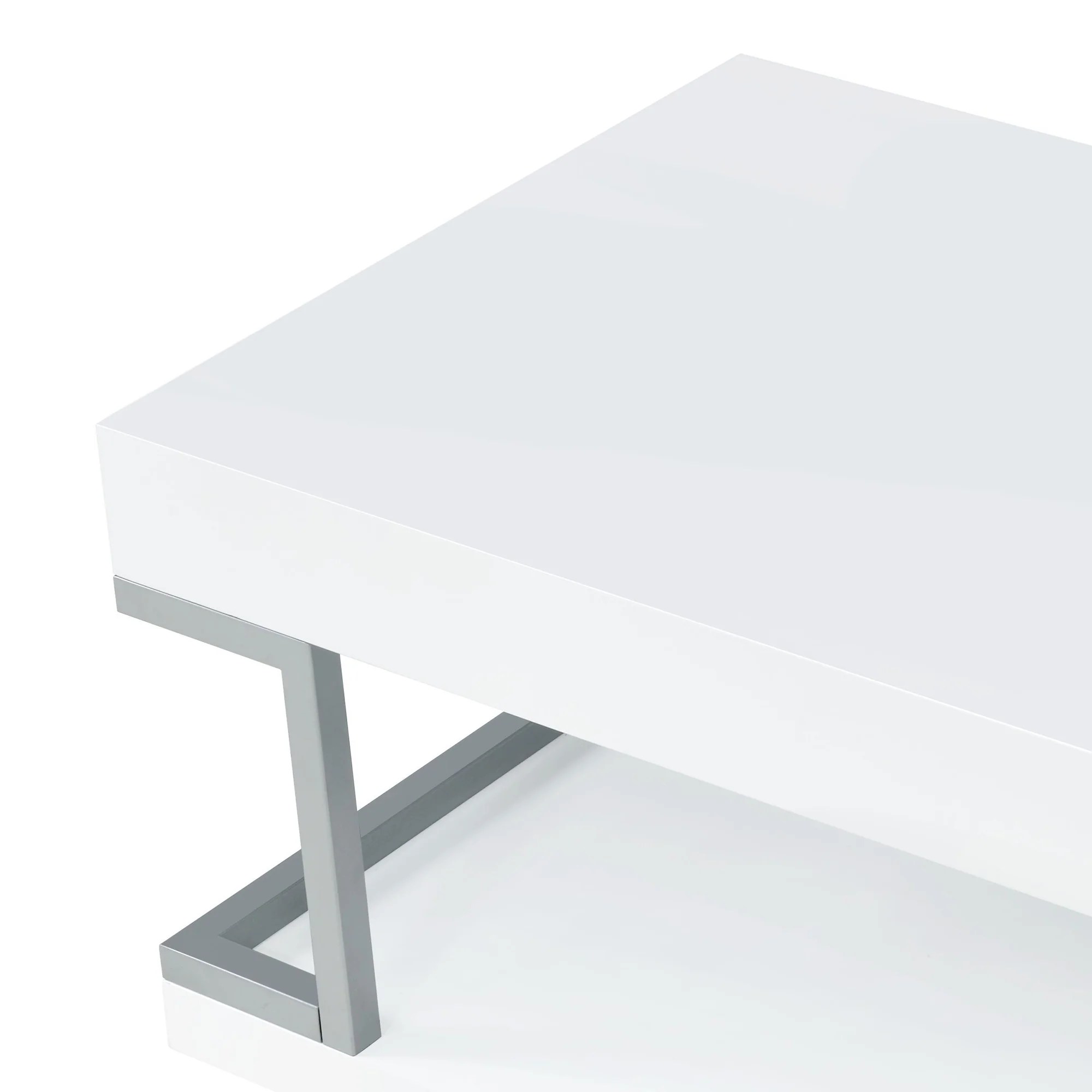 High Gloss Contemporary Coffee Table With Bottom Shelf, White And Silver By Benzara - Image 3