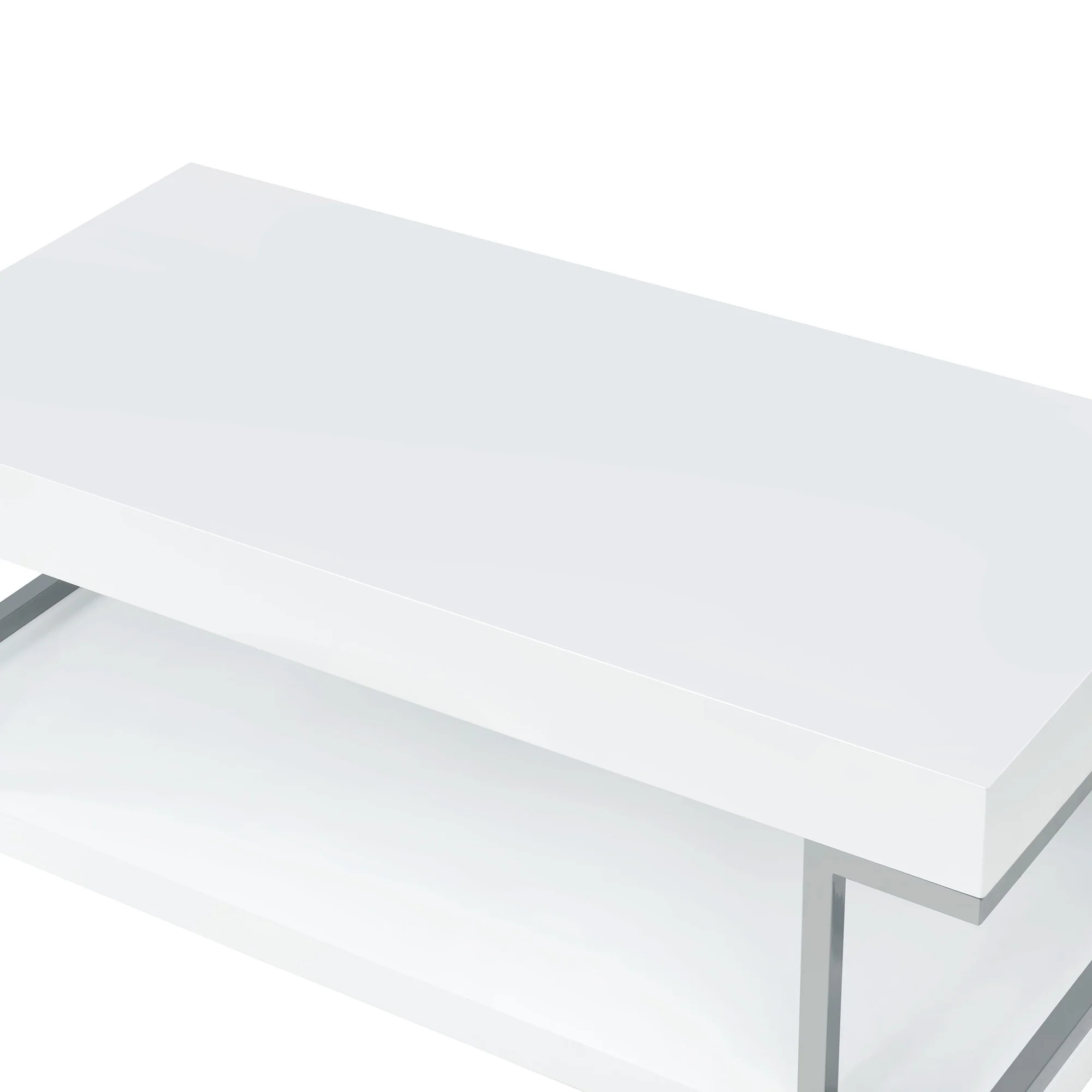High Gloss Contemporary Coffee Table With Bottom Shelf, White And Silver By Benzara - Image 4
