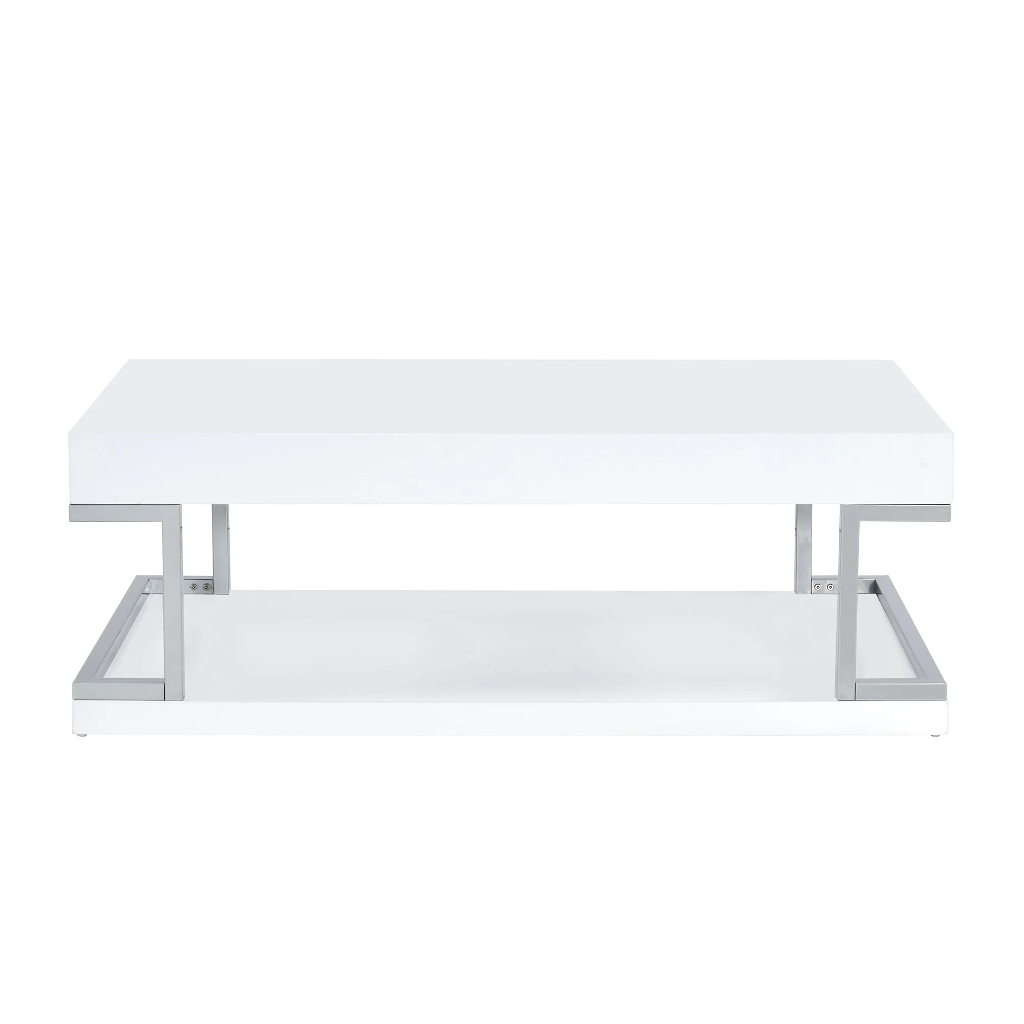 High Gloss Contemporary Coffee Table With Bottom Shelf, White And Silver By Benzara - Image 5