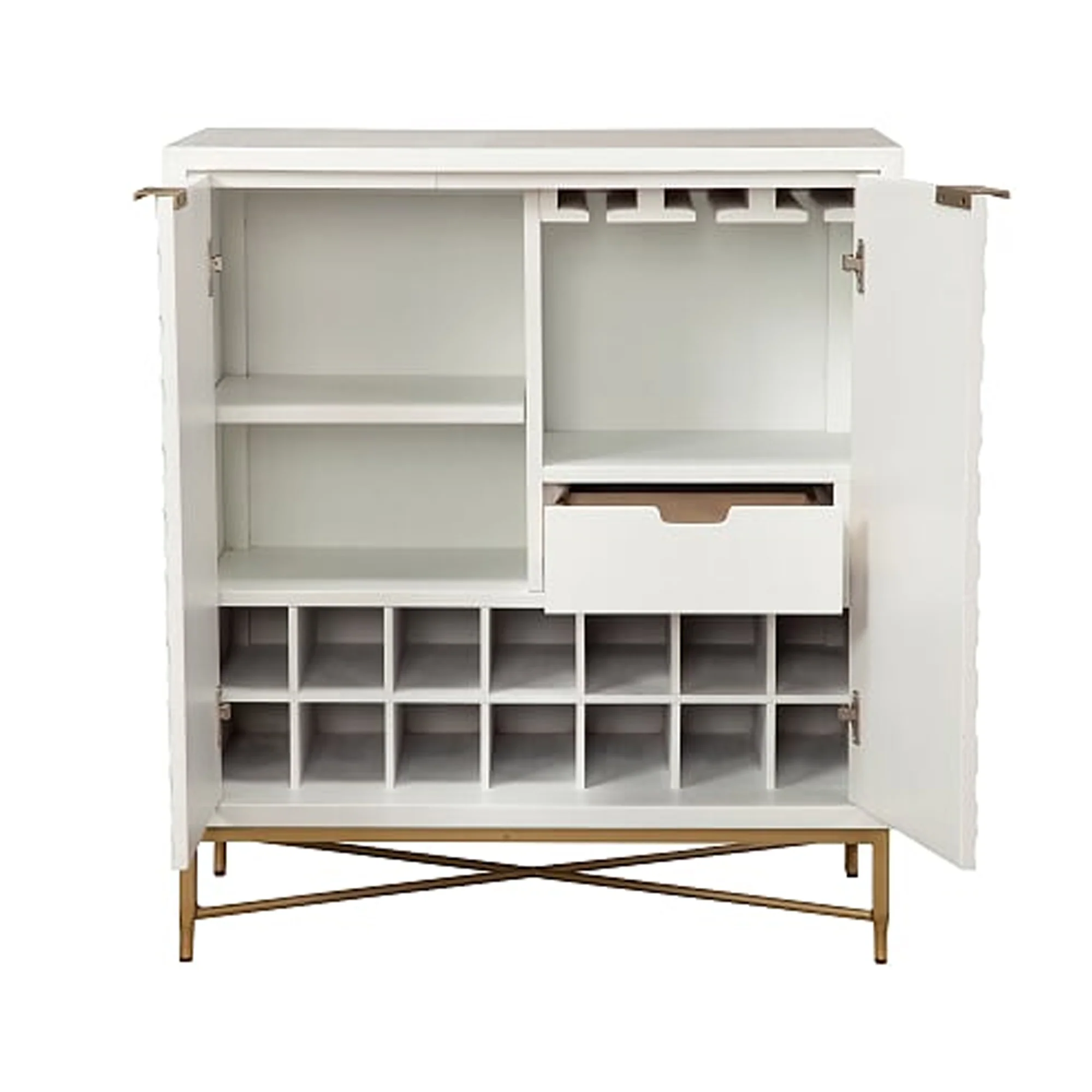 Honeycomb Design 2 Door Bar Cabinet With Metal Legs, White By Benzara - Image 3