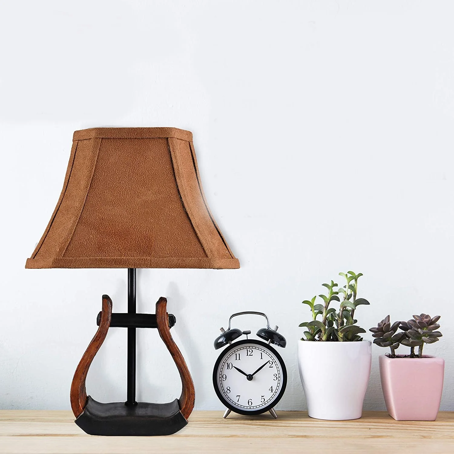 Horse Stirrup Accent Lamp with Faux Suede Brown Shade By Homeroots - Image 3