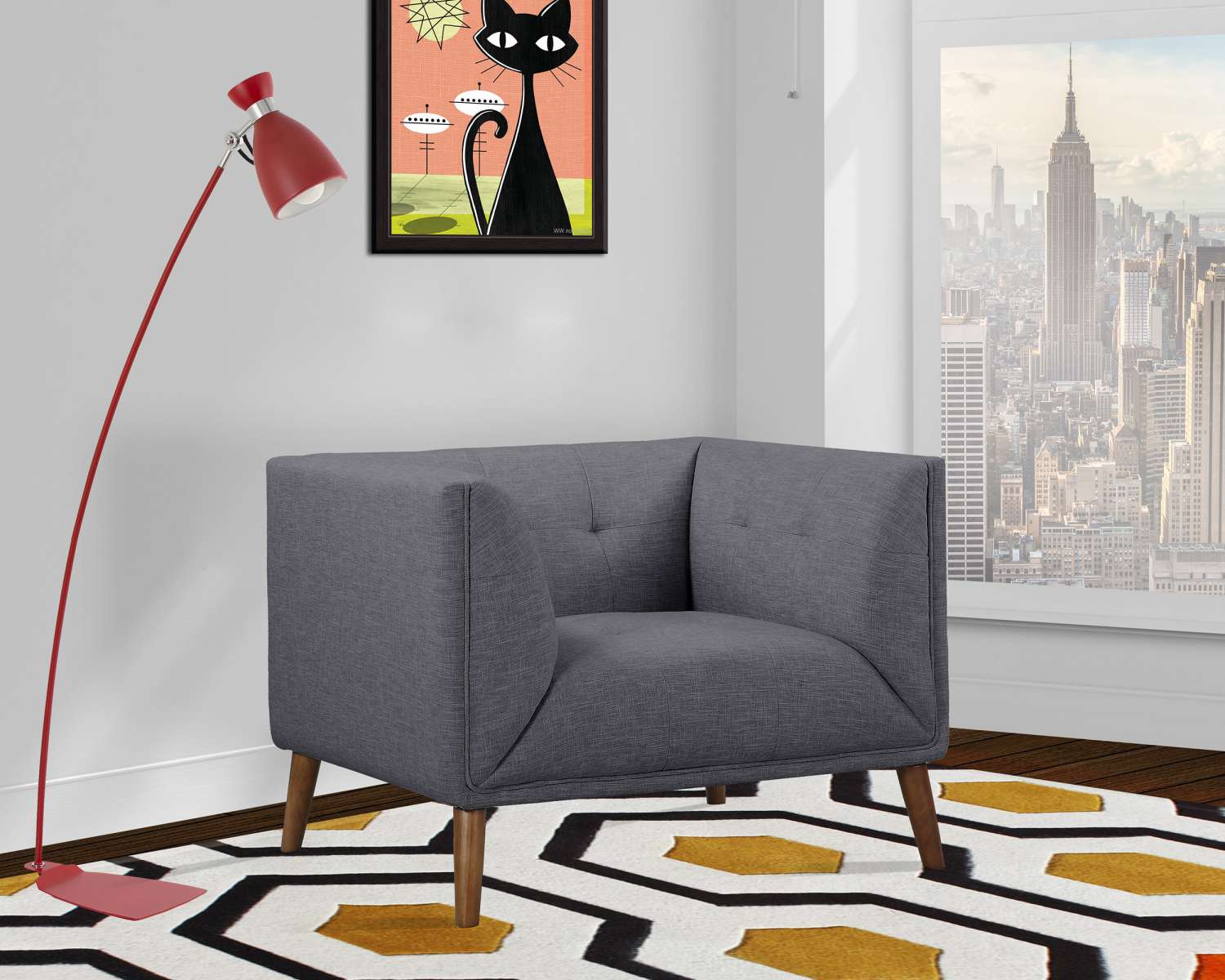 Hudson Mid-Century Button-Tufted Chair in Beige Linen and Walnut Legs By Armen Living - Image 6