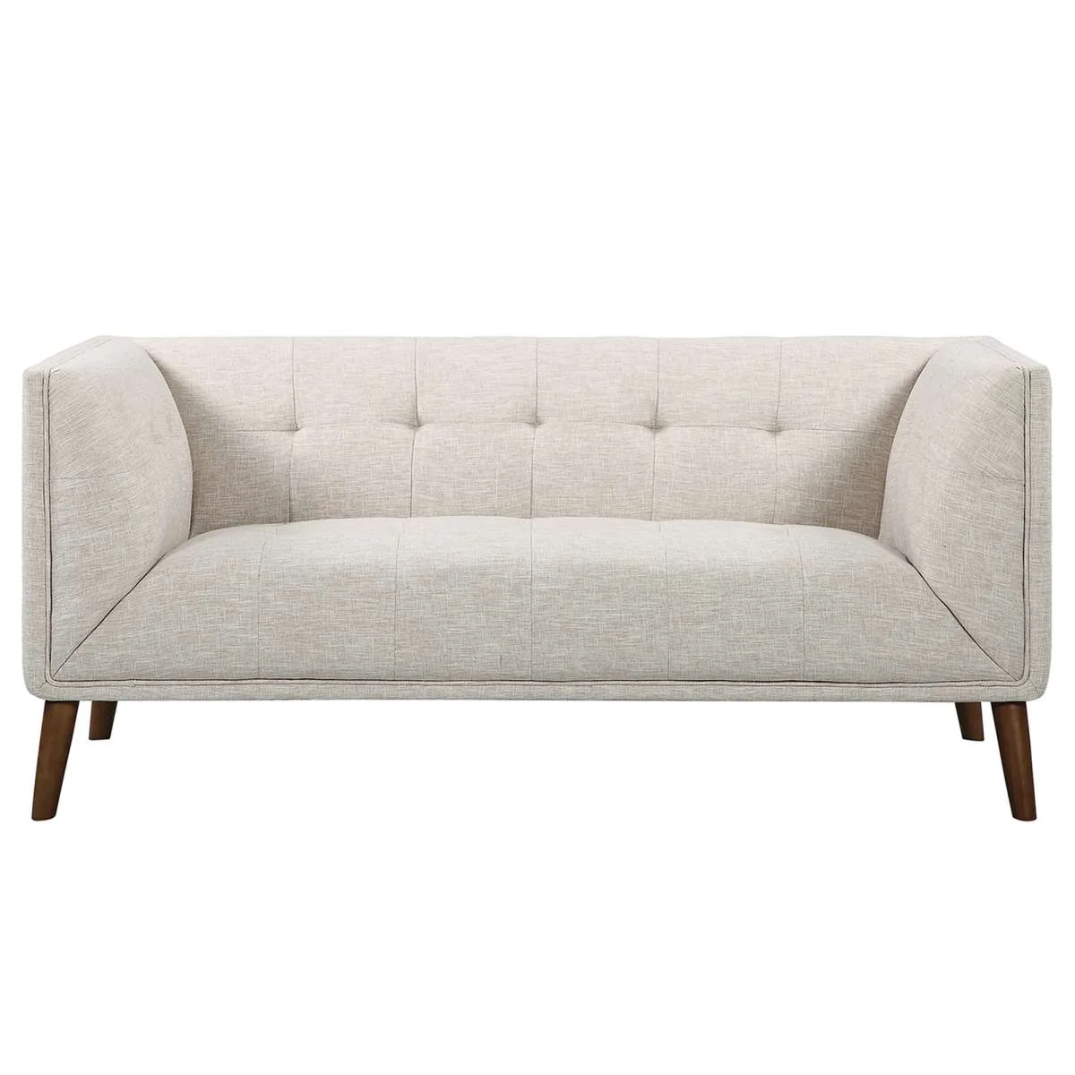 Hudson Mid-Century Button-Tufted Loveseat in Beige Linen and Walnut Legs By Armen Living - Image 3