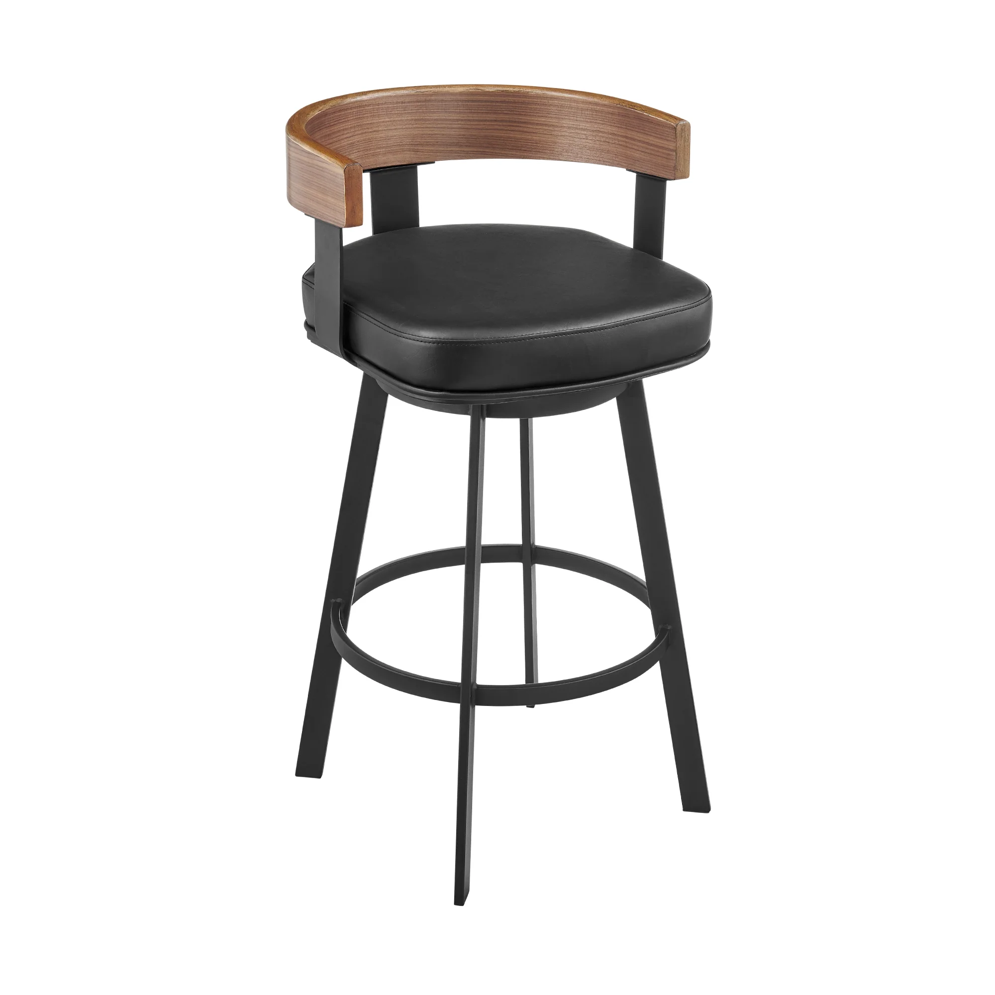 Idris 26" Swivel Counter Stool in Black Iron with Walnut Finish and Vintage Black Faux Leather By Armen Living - Image 2