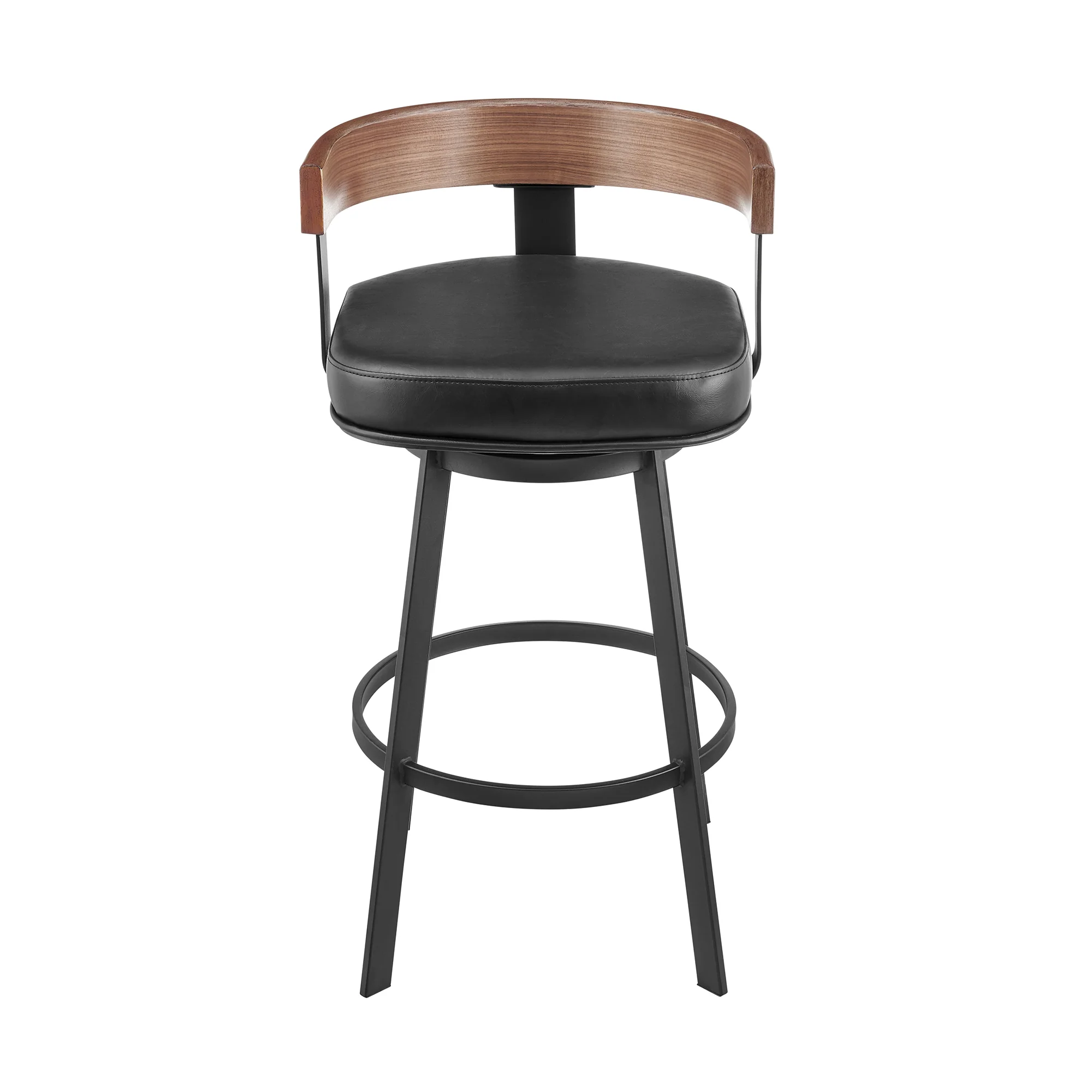 Idris 26" Swivel Counter Stool in Black Iron with Walnut Finish and Vintage Black Faux Leather By Armen Living - Image 3