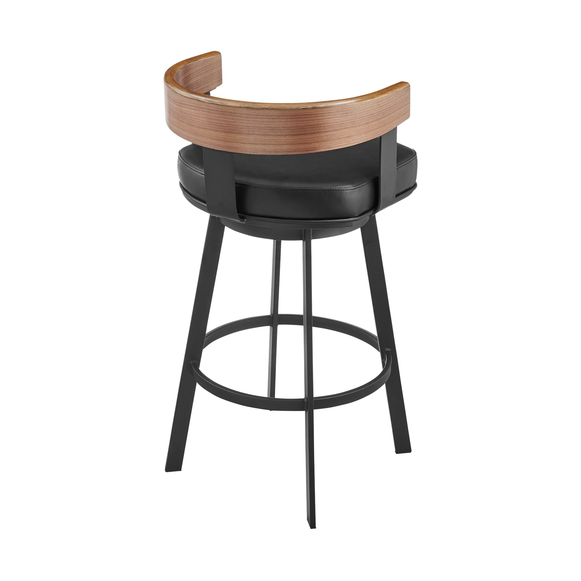 Idris 26" Swivel Counter Stool in Black Iron with Walnut Finish and Vintage Black Faux Leather By Armen Living - Image 4