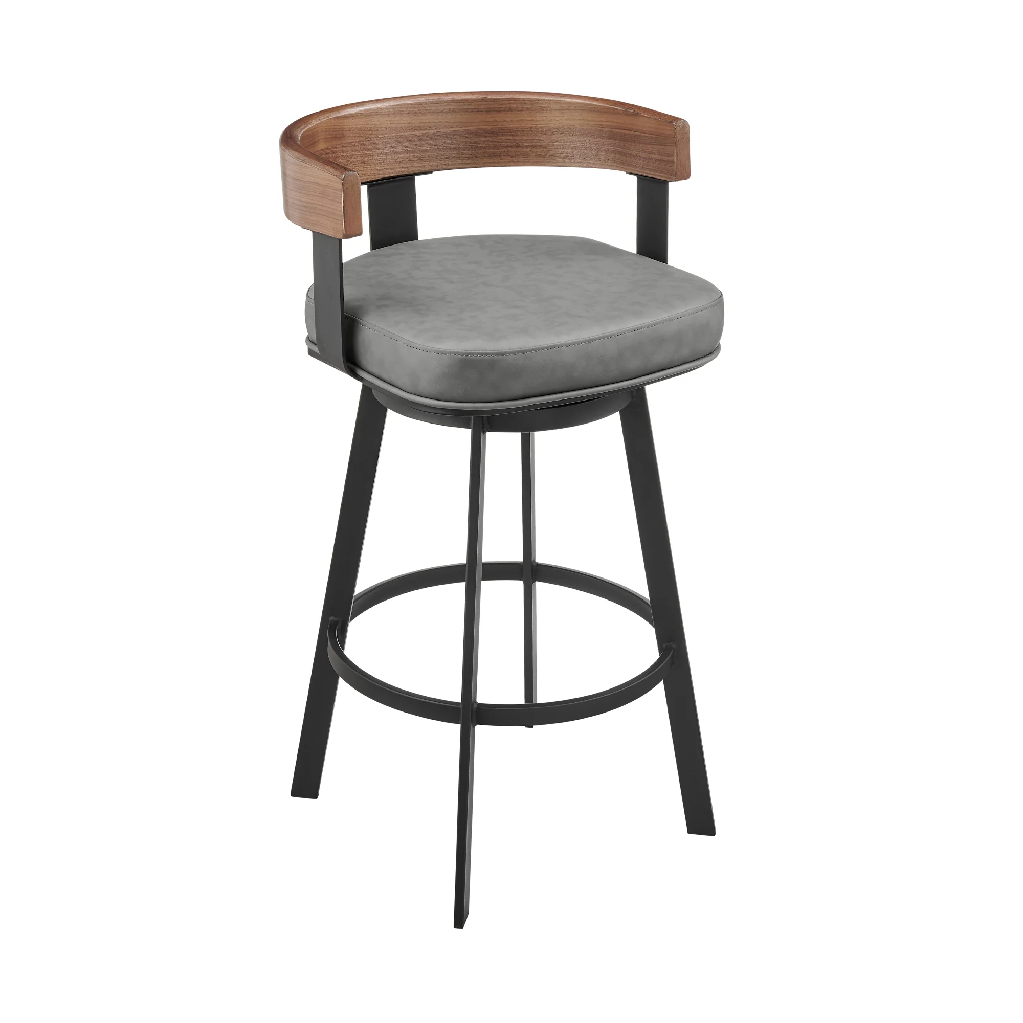 Idris 30" Swivel Bar Stool in Black Iron with Walnut Finish and Vintage Gray Faux Leather By Armen Living - Image 2