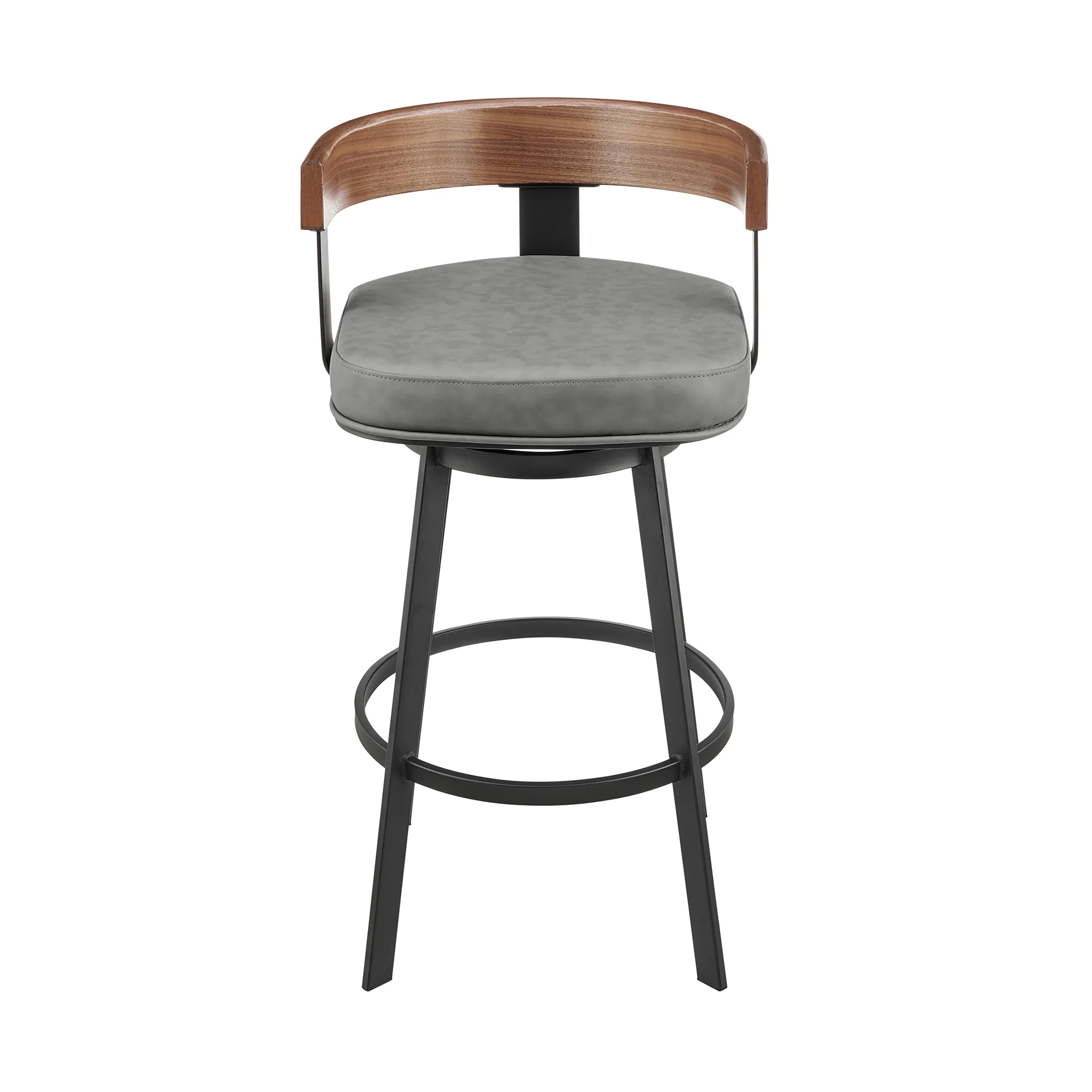 Idris 30" Swivel Bar Stool in Black Iron with Walnut Finish and Vintage Gray Faux Leather By Armen Living - Image 3