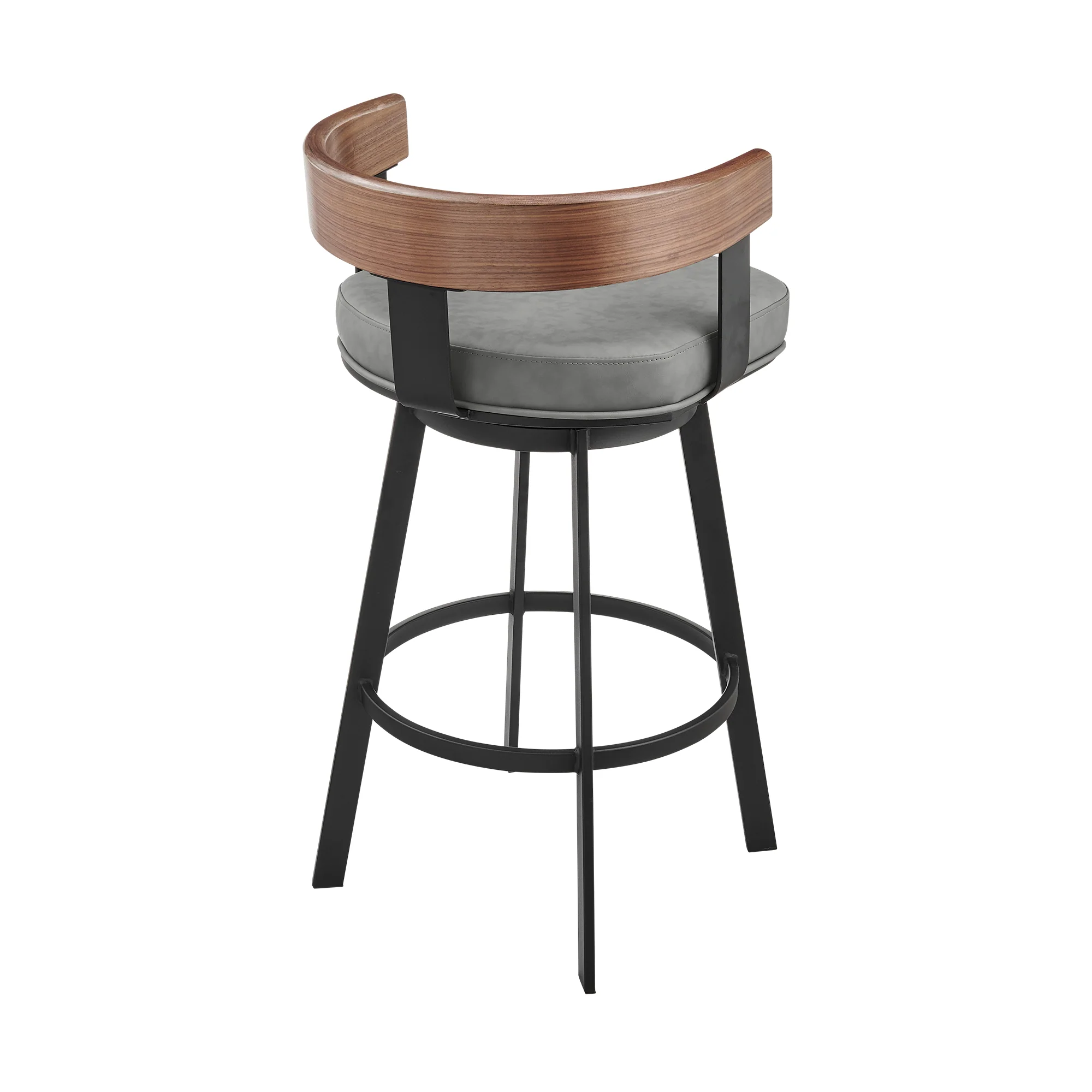 Idris 30" Swivel Bar Stool in Black Iron with Walnut Finish and Vintage Gray Faux Leather By Armen Living - Image 4