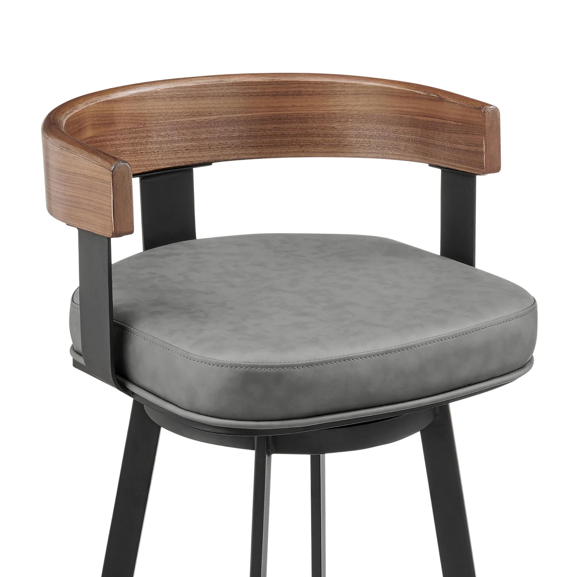 Idris 30" Swivel Bar Stool in Black Iron with Walnut Finish and Vintage Gray Faux Leather By Armen Living - Image 5