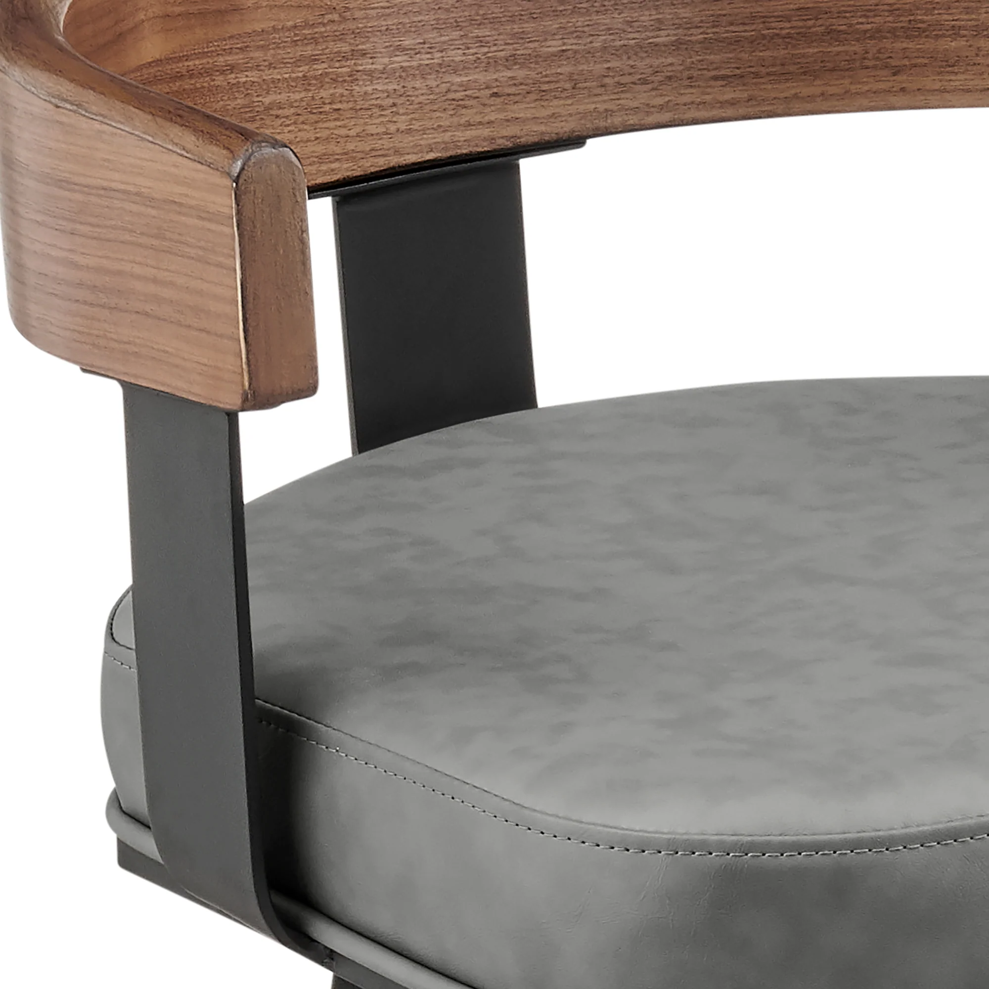 Idris 30" Swivel Bar Stool in Black Iron with Walnut Finish and Vintage Gray Faux Leather By Armen Living - Image 7