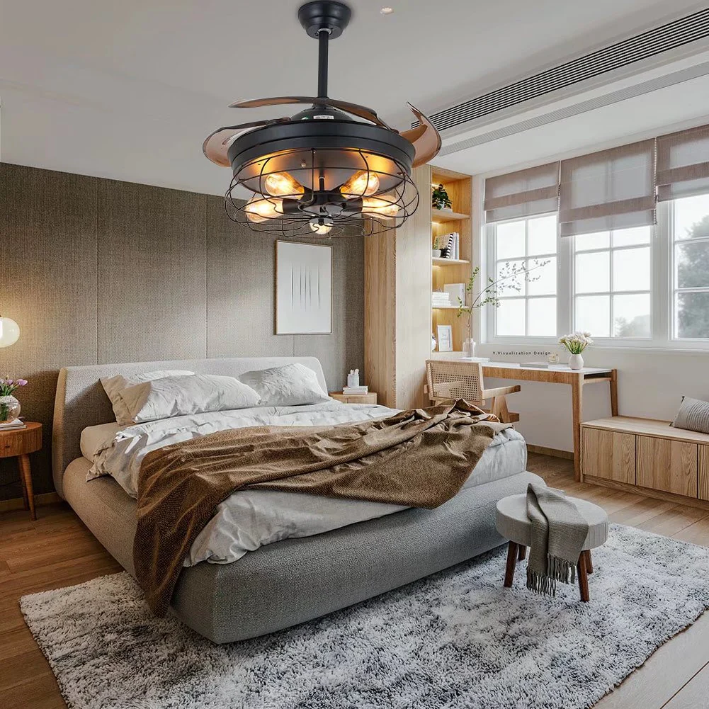 Industrial Caged Ceiling Lamp And Retractable Fan By Homeroots - Image 4