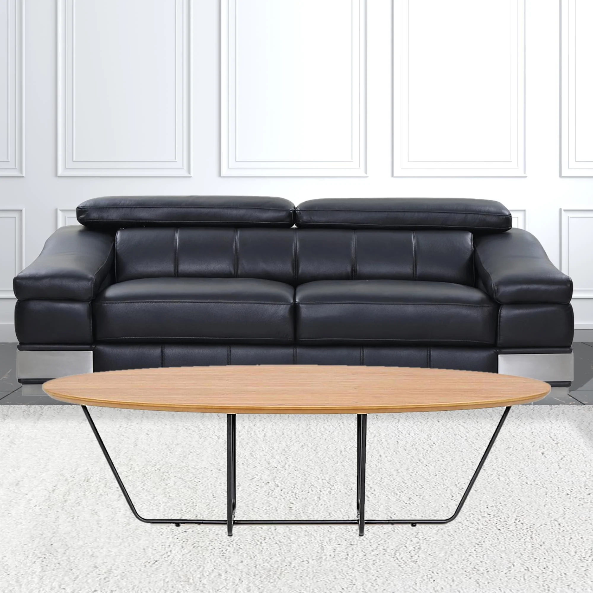 Industrial Large Oak and Black Powder Metal Coffee Table By Homeroots - Image 4