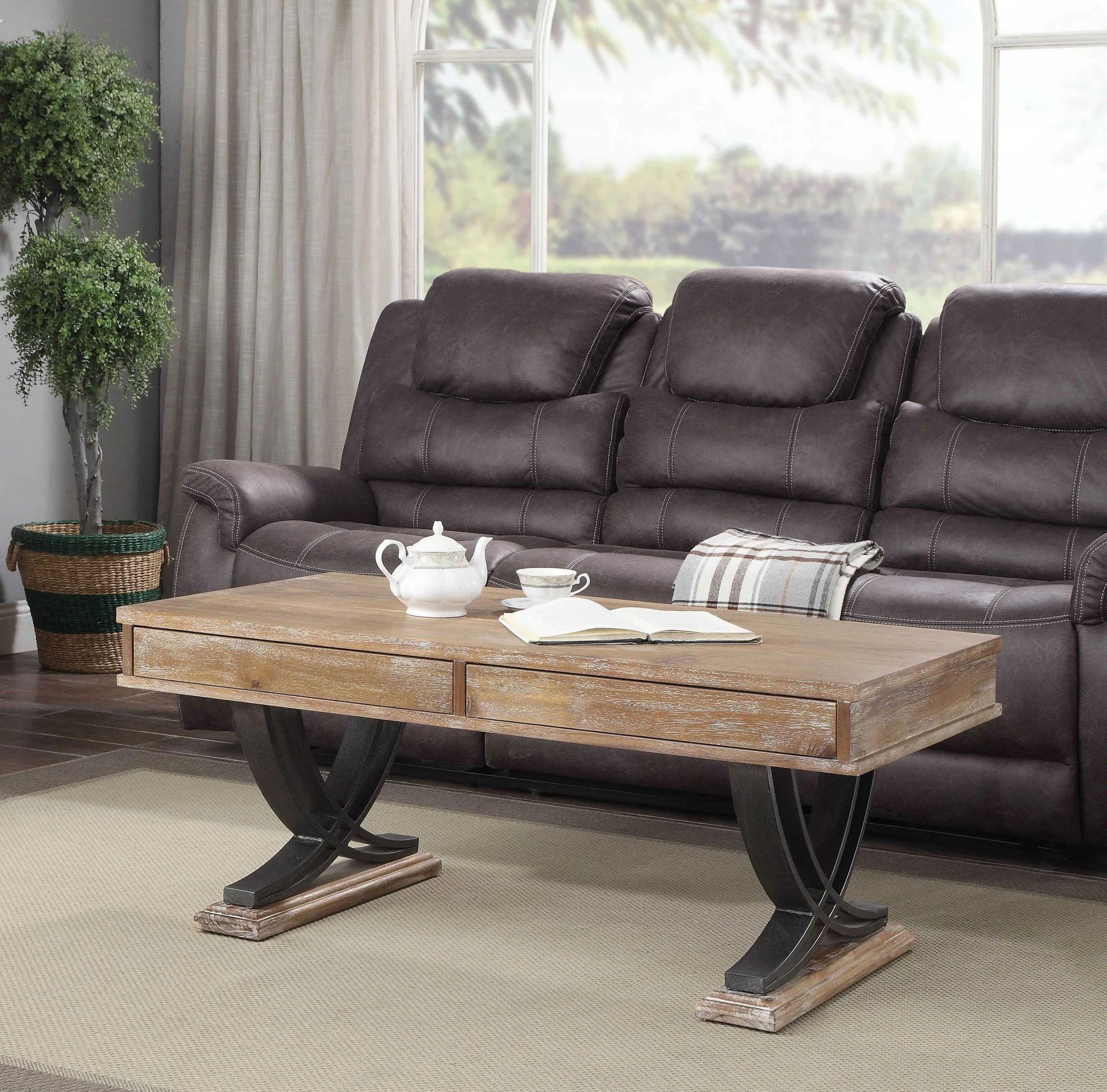 Industrial Style Antiqued Oak Finish Coffee Table with Black Accents By Homeroots - Image 2