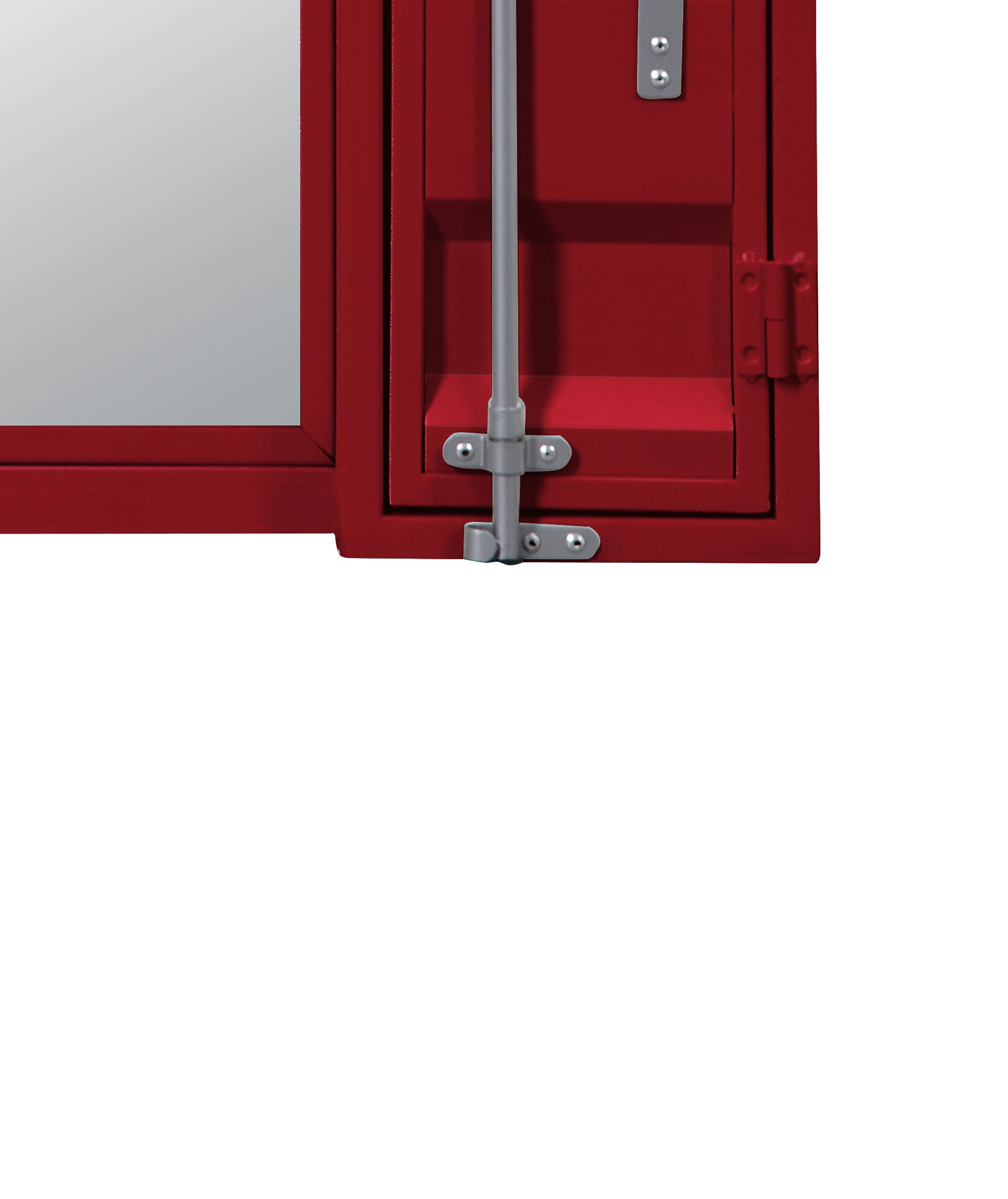 Industrial Style Metal Vanity Mirror with Recessed Door Storage, Red By Benzara - Image 4