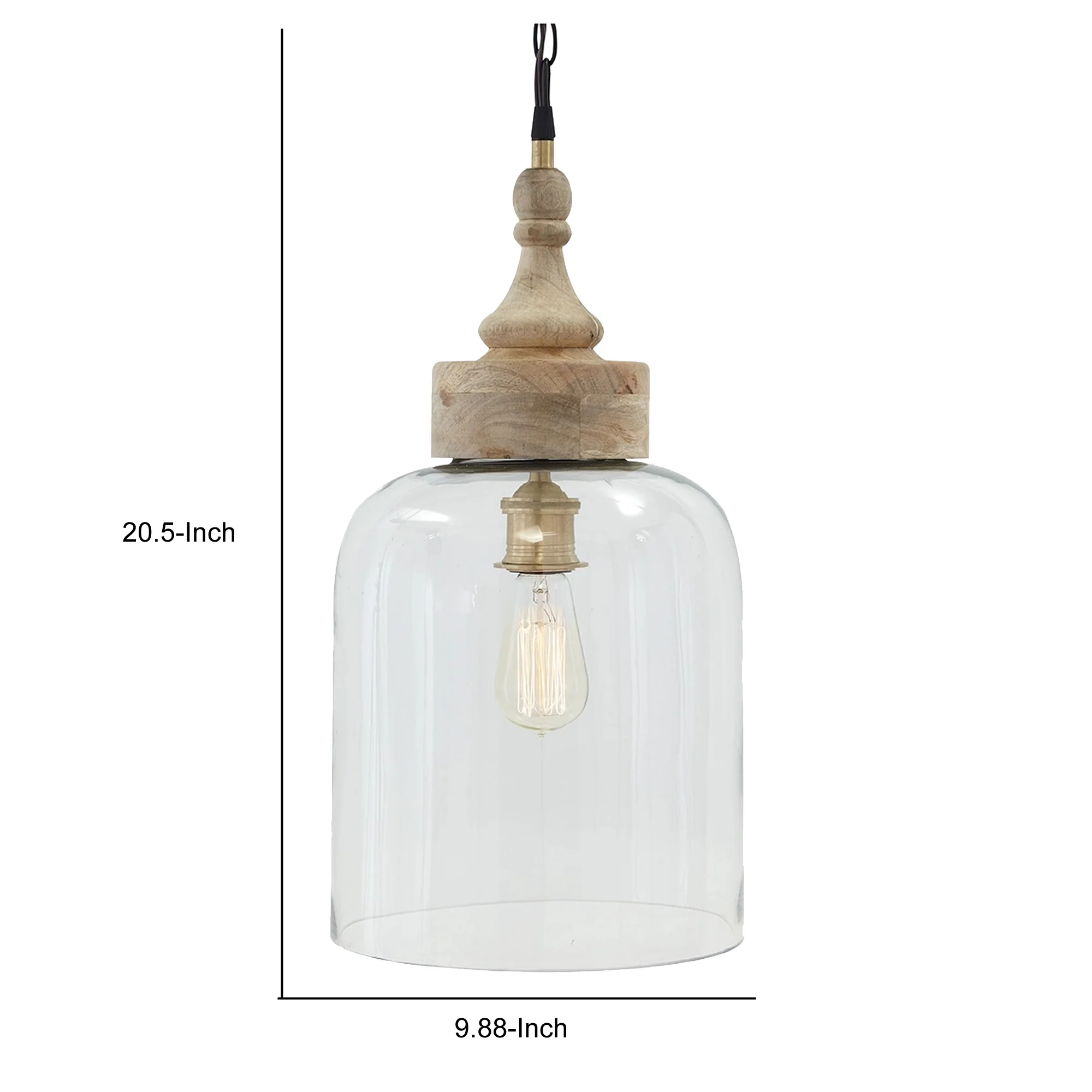 Inverted U Glass Pendant Light with Wood Finial Crown Top, Brown and Clear By Benzara - Image 3