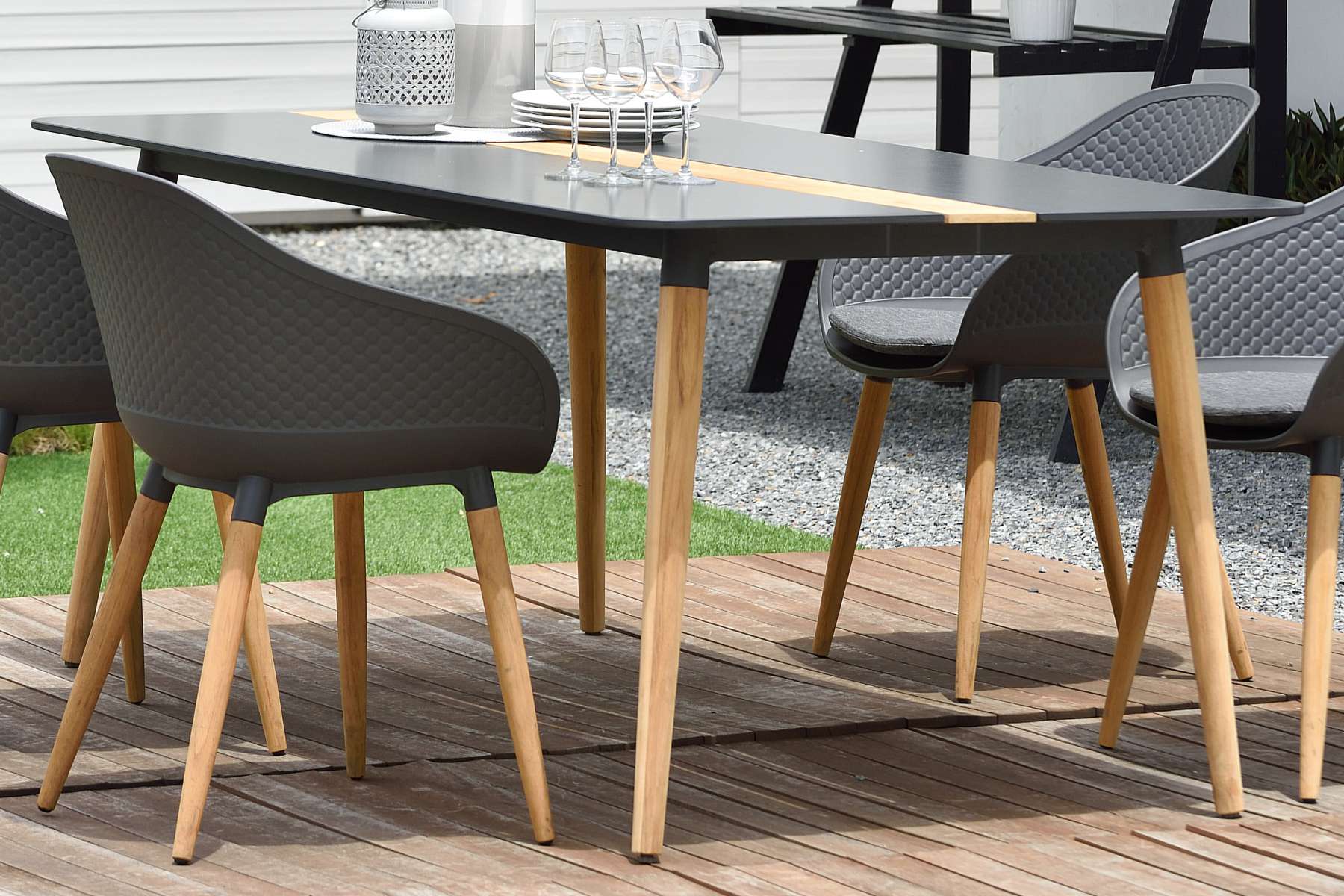 Ipanema Outdoor Aluminum Dining Table in Dark Grey with Natural Teak Wood Accent By Armen Living - Image 2
