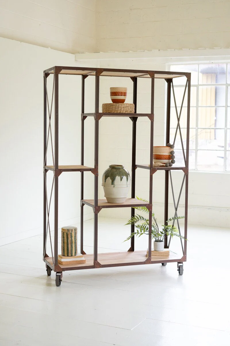 Iron And Wood Display Alternating Shelves And Iron Casters By Kalalou - Image 5