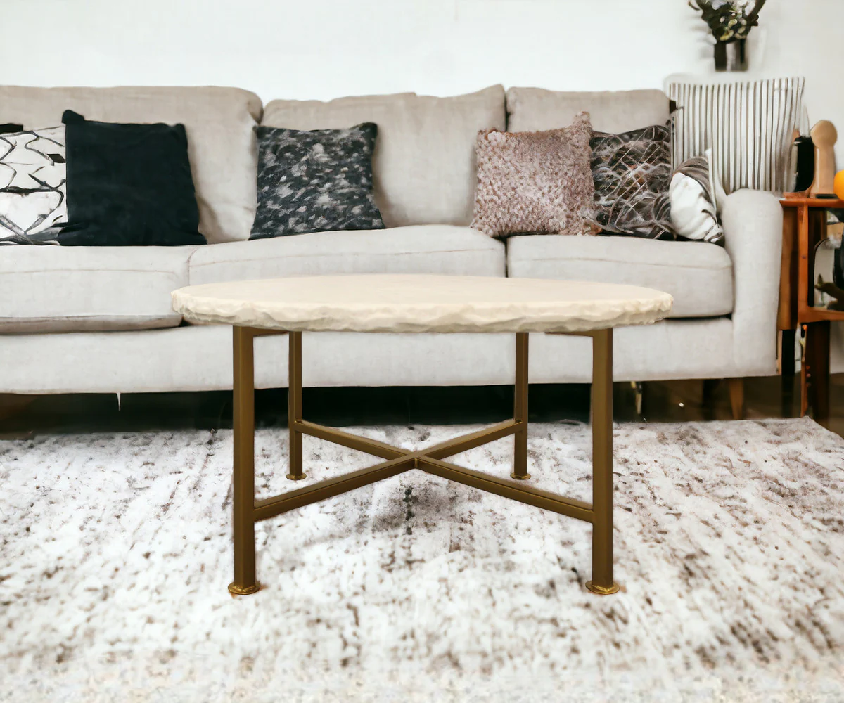 Ivory and Brass Genuine Marble and Iron Round Frame Coffee Table By Homeroots - Image 2