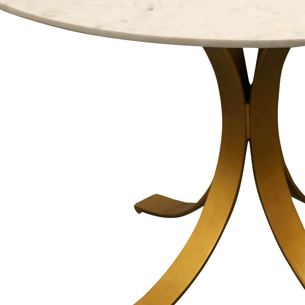Ivory And Brass Rounded Marble And Iron Pedestal Base Dining Table By Homeroots - Image 4