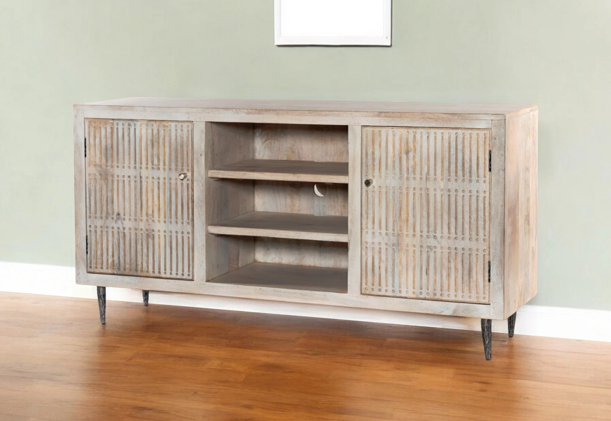 Ivory Carved Geometric Distressed Solid Wood Enclosed and Open Storage TV Stand By Homeroots - Image 2