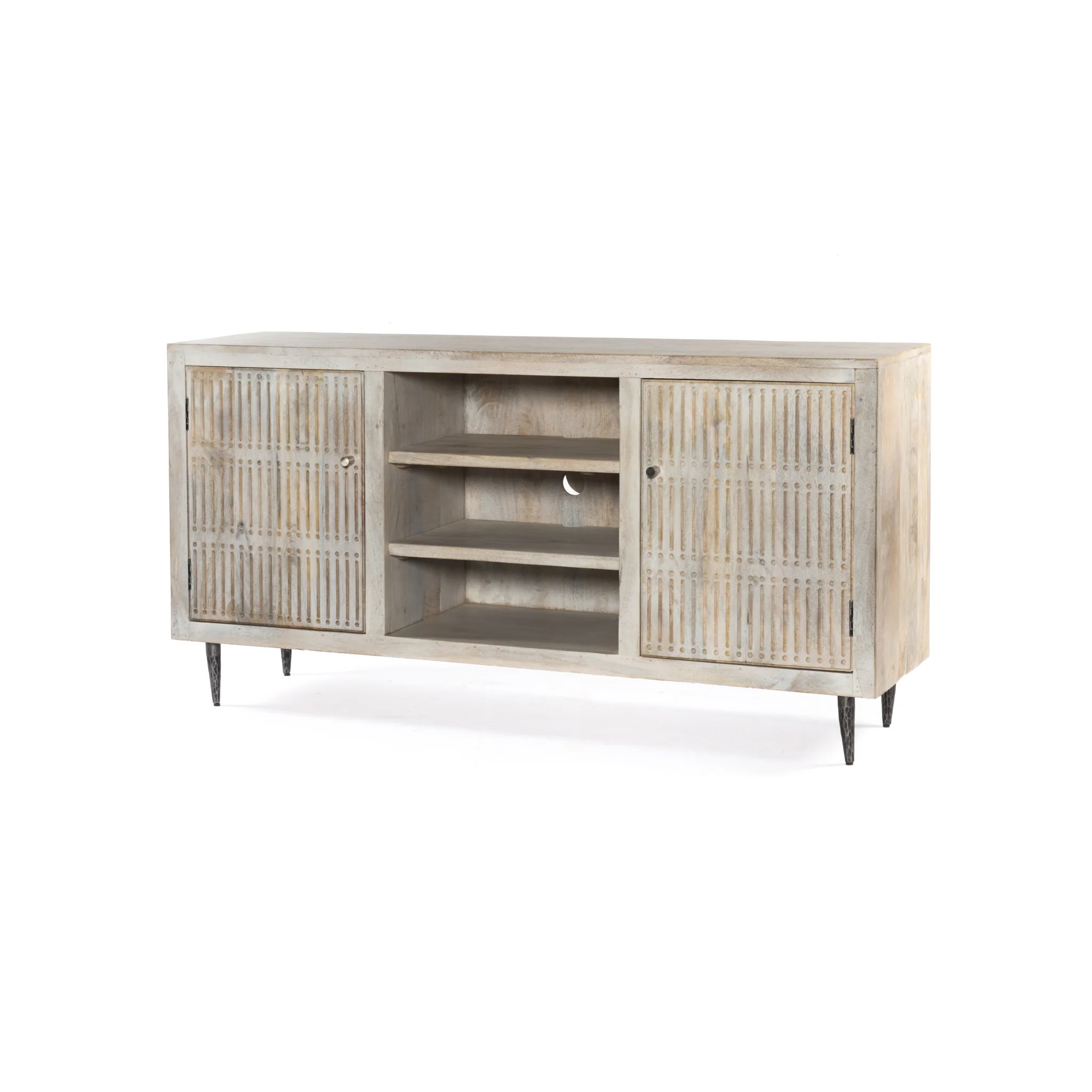 Ivory Carved Geometric Distressed Solid Wood Enclosed and Open Storage TV Stand By Homeroots - Image 3