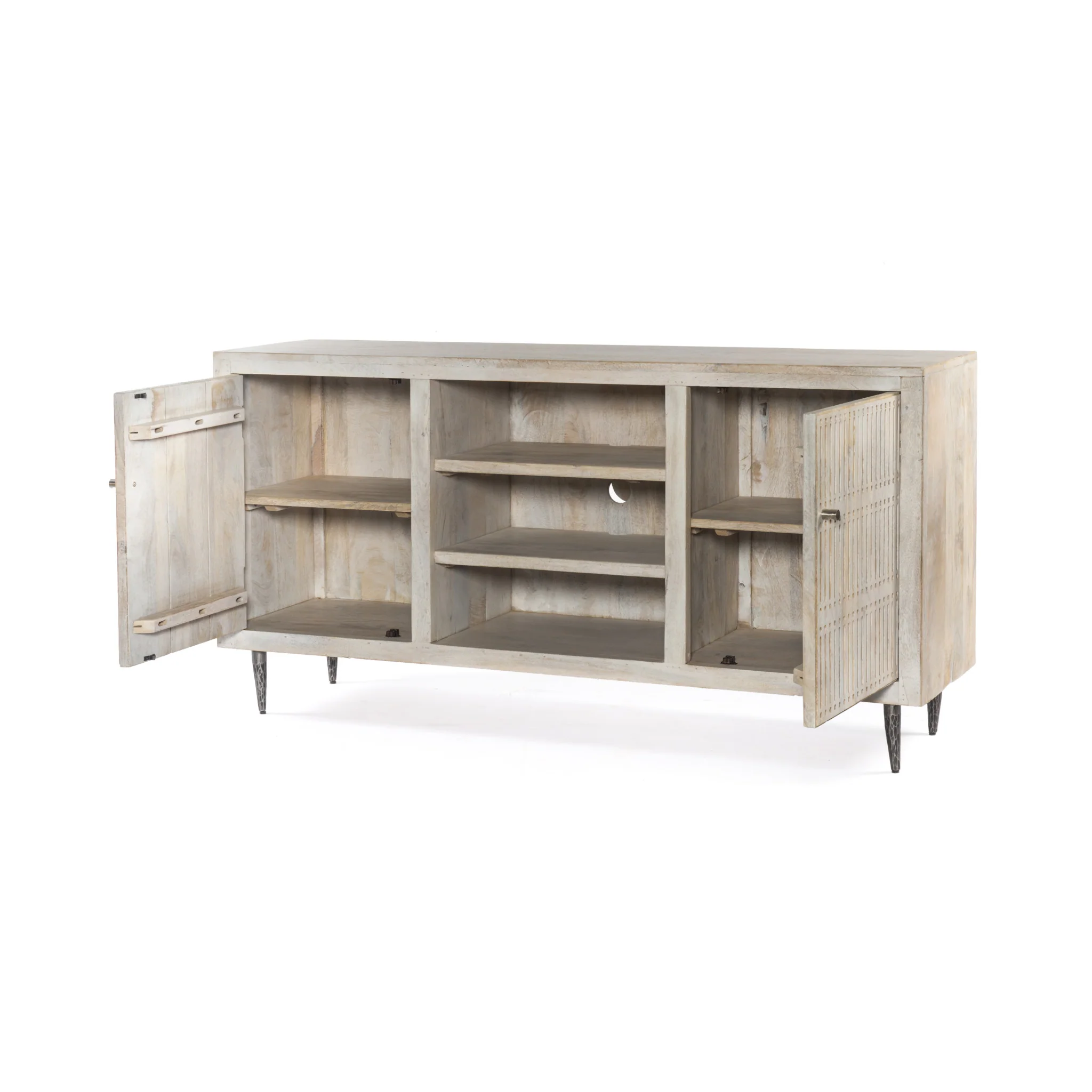 Ivory Carved Geometric Distressed Solid Wood Enclosed and Open Storage TV Stand By Homeroots - Image 4