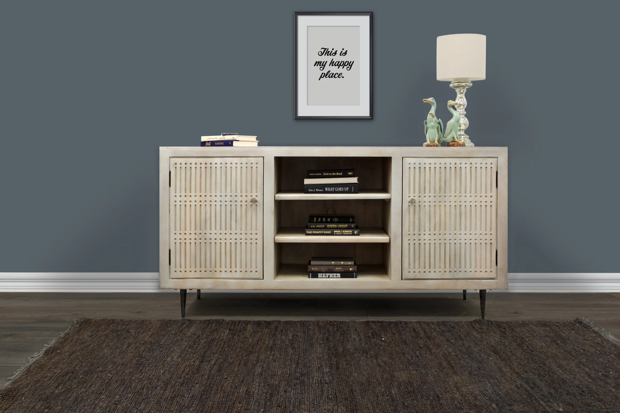 Ivory Carved Geometric Distressed Solid Wood Enclosed and Open Storage TV Stand By Homeroots - Image 8