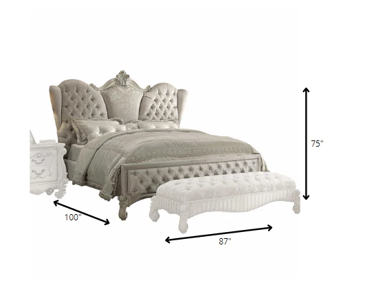 Ivory Velvet Bone White Upholstery Poly Resin California King Bed By Homeroots - Image 3