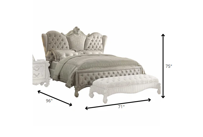 Ivory Velvet Bone White Upholstery Poly Resin Eastern King Bed By Homeroots - Image 3