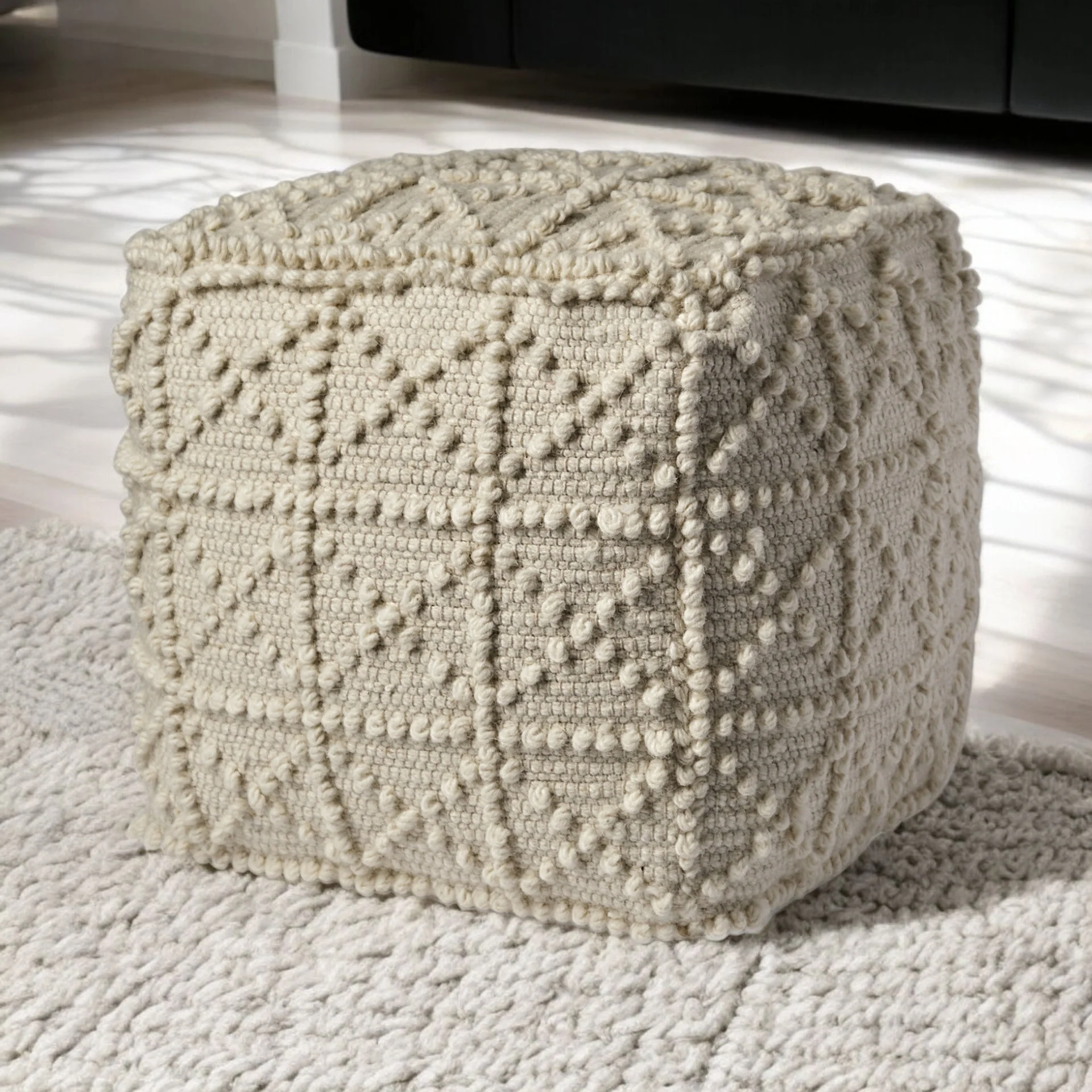 Ivory Wool Geometric Cube Ottoman By Homeroots - Image 2