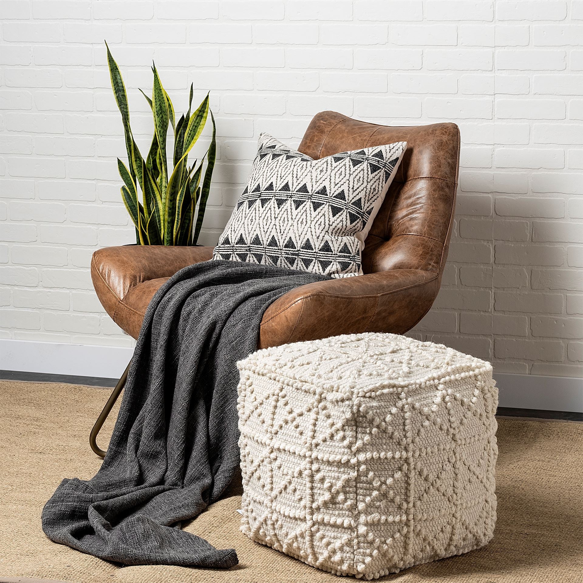 Ivory Wool Geometric Cube Ottoman By Homeroots - Image 8