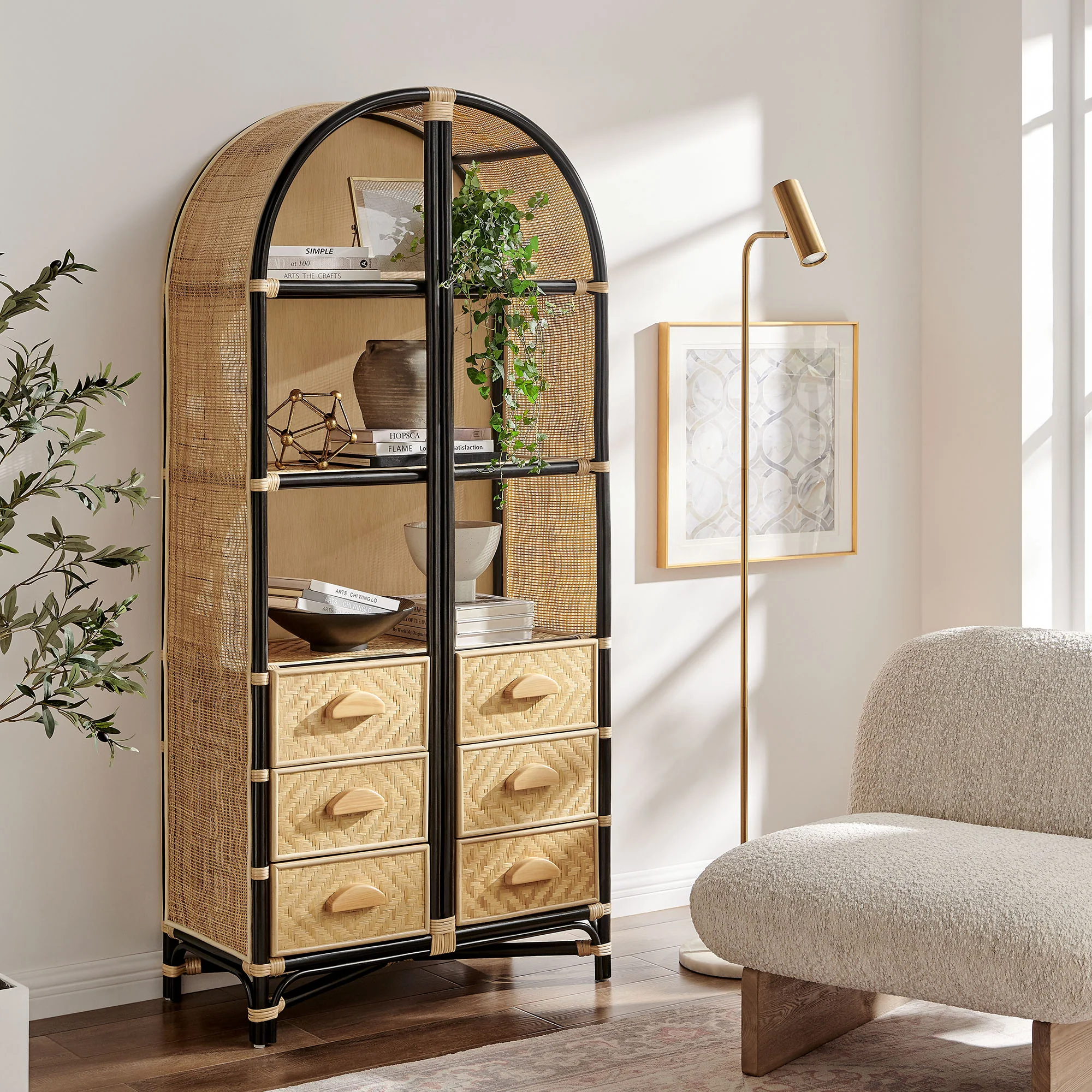 Jane 71 Inch Tall Arched Natural Rattan Bookshelf by Modway - Image 18