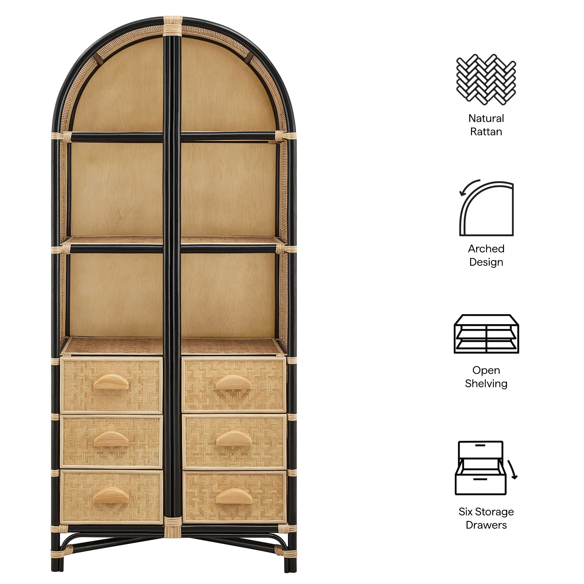 Jane 71 Inch Tall Arched Natural Rattan Bookshelf by Modway - Image 19