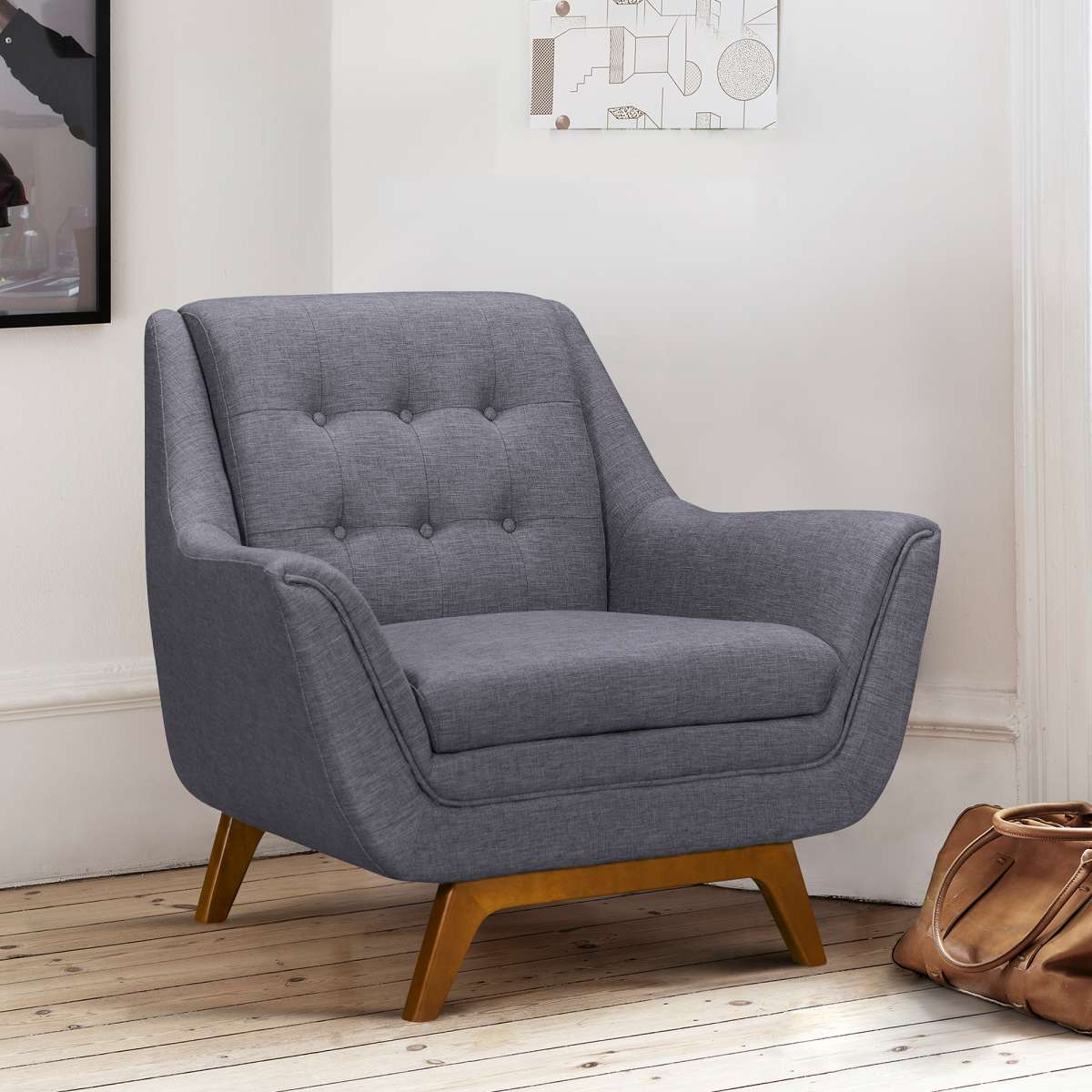 Janson Mid-Century Sofa Chair in Champagne Wood Finish and Blue Fabric By Armen Living - Image 4