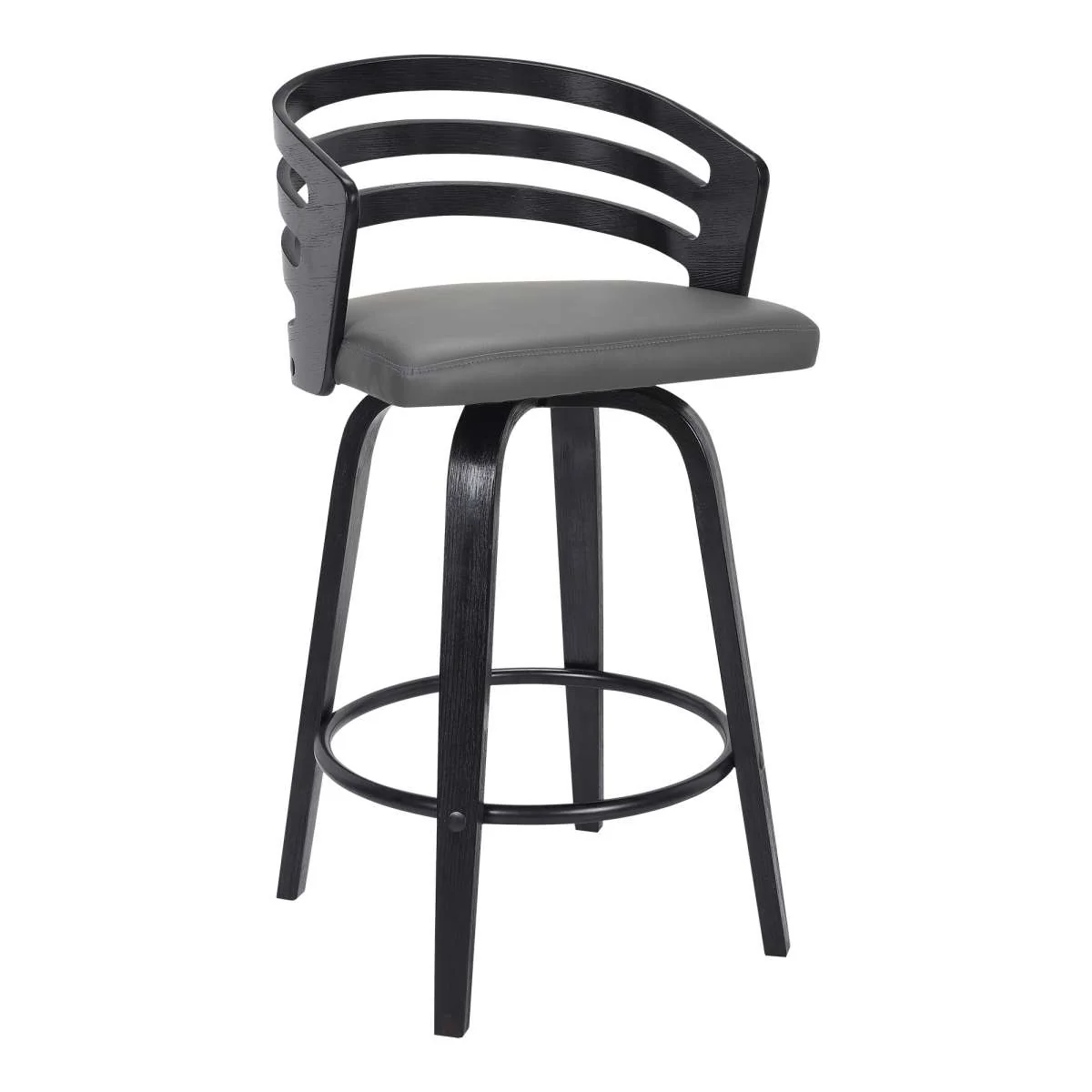 Jayden 26" Counter Height Swivel Grey Faux Leather and Black Wood Bar Stool By Armen Living - Image 2